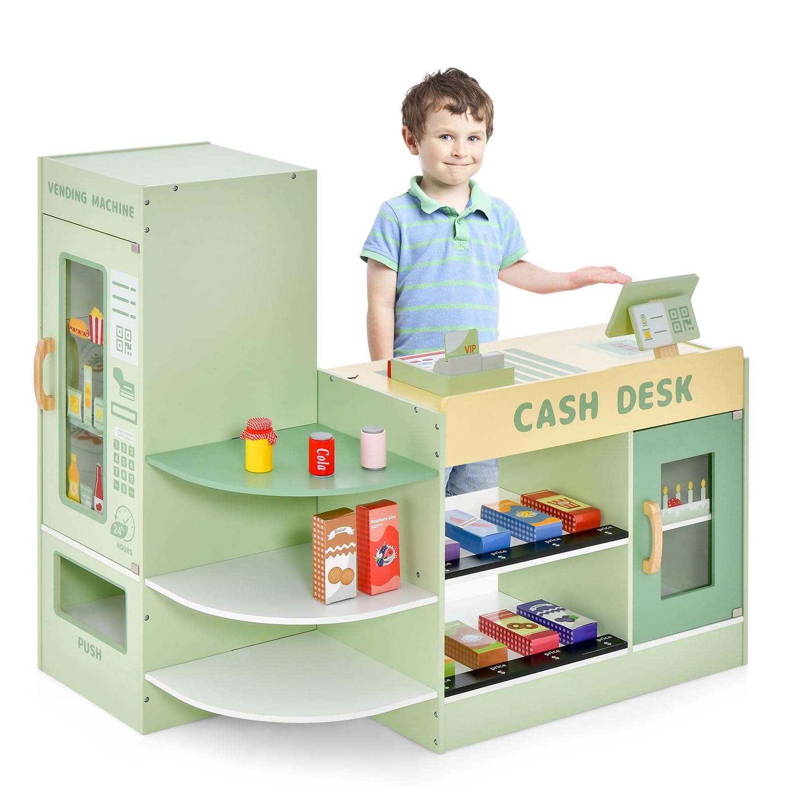 Costzon Wooden Pretend Grocery Store Playset for Kids - Supermarket Toy with Chalkboard, Cash Register, Vending Machine & Play Food Accessories - Toddler Play Store Gift for Boys & Girls (Green) - Perfect for Role Play, Early Learning & Imaginative Play at Home or Preschool