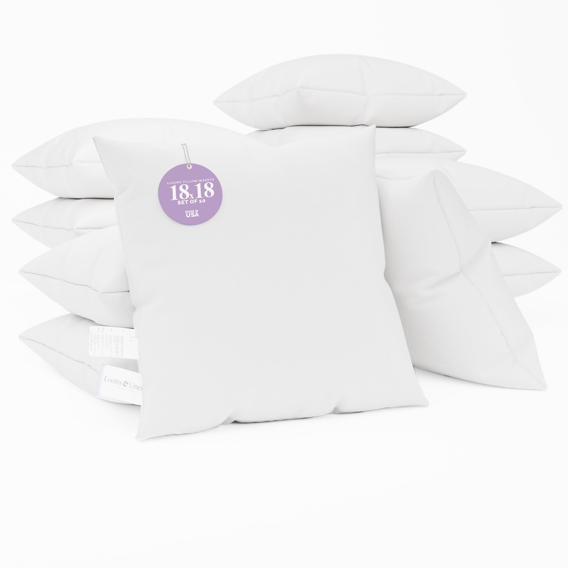 Premium 18x18 Inch Throw Pillow Inserts (Pack of 10) - Hypoallergenic Sham Pillow Filling, Made in USA - Perfect for Sofa, Bed & Home Decor by Looms and Linens