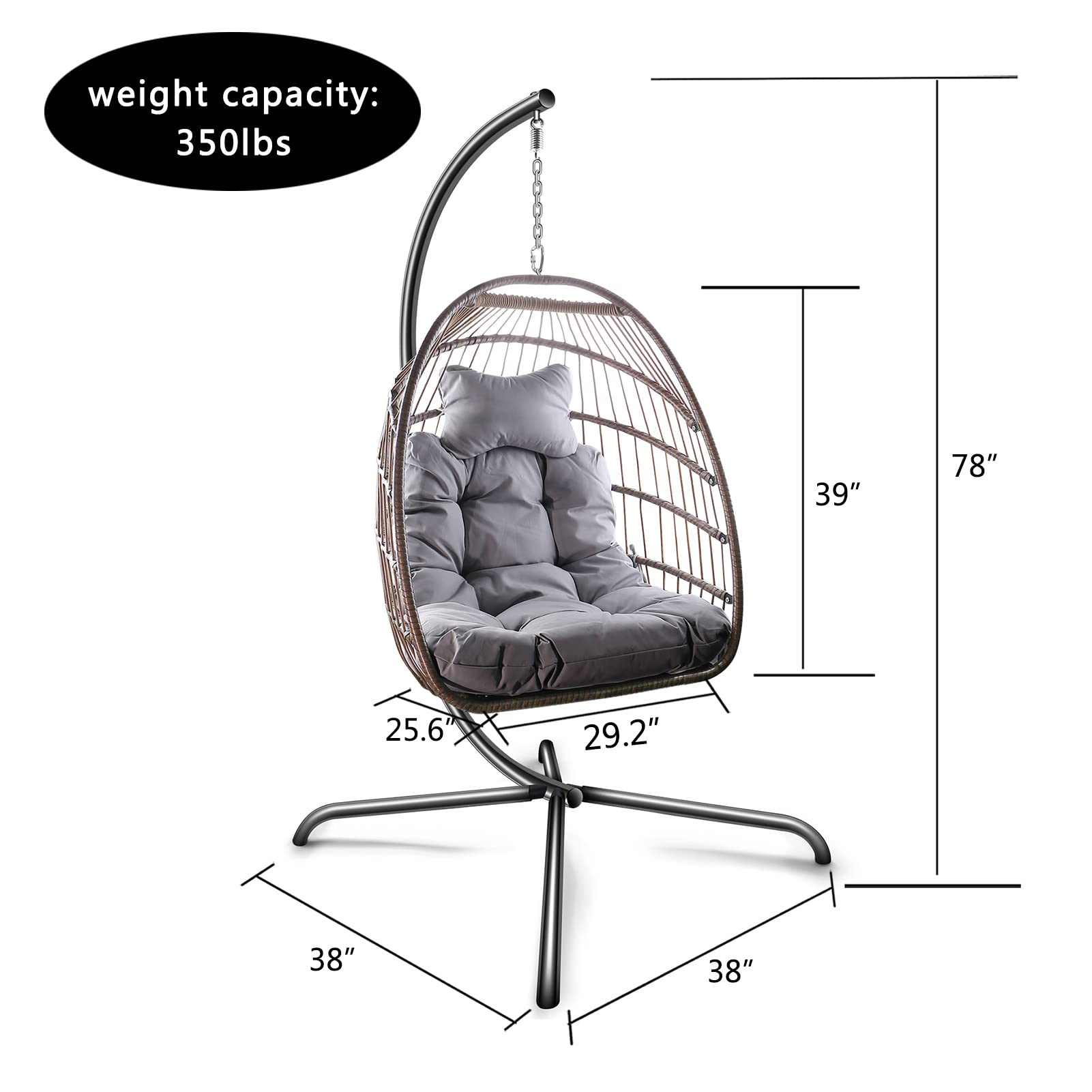 Hanging Swing Egg Chair with Stand - Indoor/Outdoor Wicker Rattan Patio Basket Chair with Cushion & Pillow - 350LBS Capacity Metal Frame Hammock - Perfect for Porch, Garden, Backyard & Balcony Relaxation (Brown)