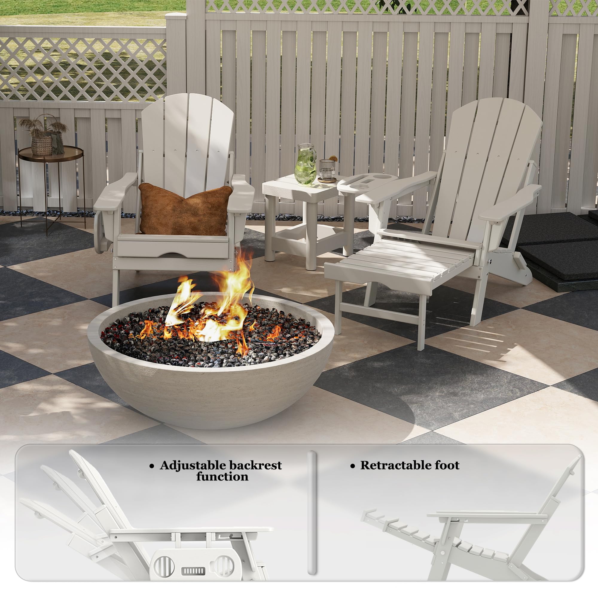 FOOWIN 2-Pack HDPE Folding Adirondack Chair with Retractable Ottoman & 4-in-1 Cup Holder - All-Weather Resistant Outdoor Patio Furniture for Backyard, Garden, Poolside & Camping Fire Pit Relaxation