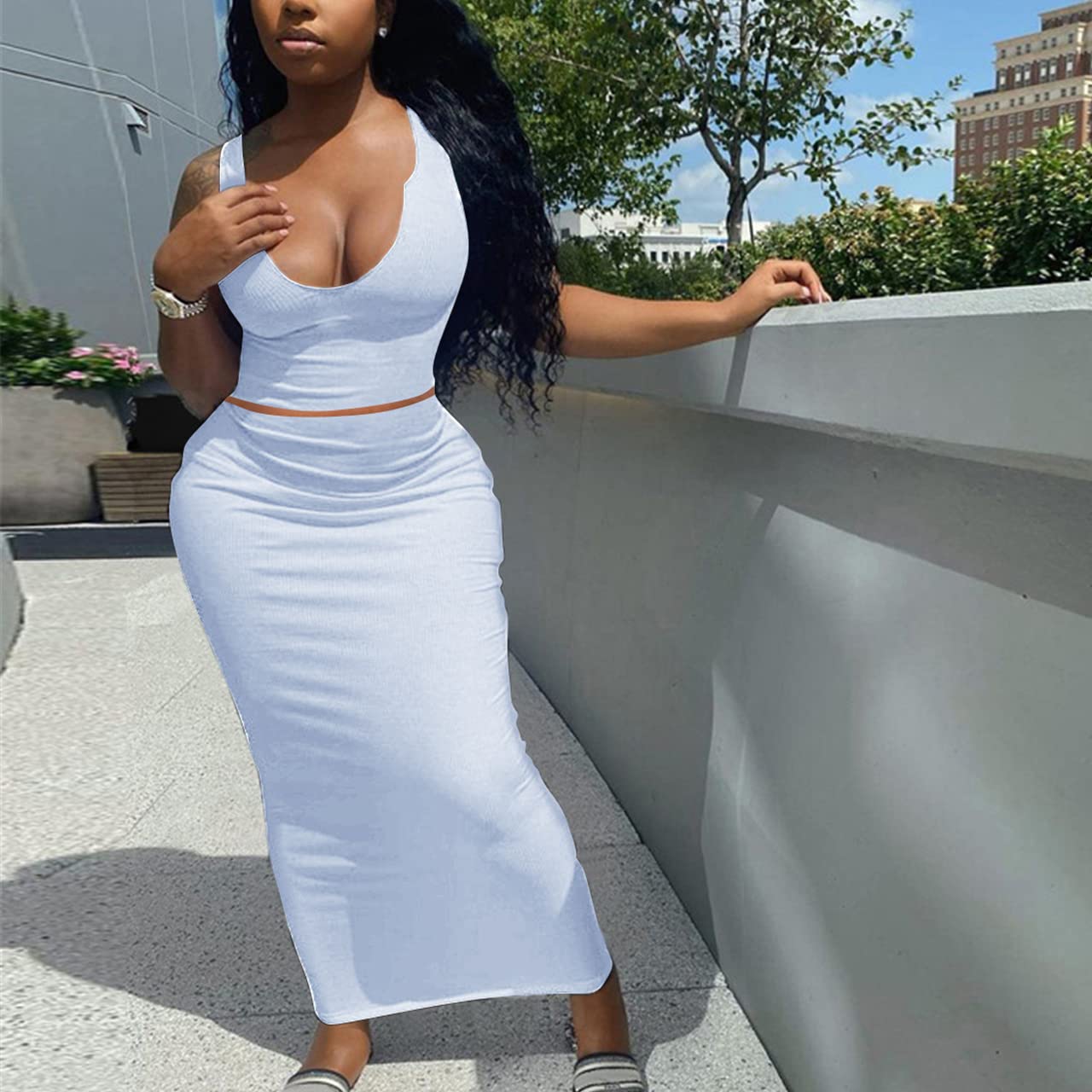 Sexy Women's Two Piece Skirt Outfit - Long Sleeve/Sleeveless V Neck Bodycon Ribbed Knit Maxi Dress for Club, Party & Night Out | Perfect for Date Night, Cocktail Events & Evening Occasions