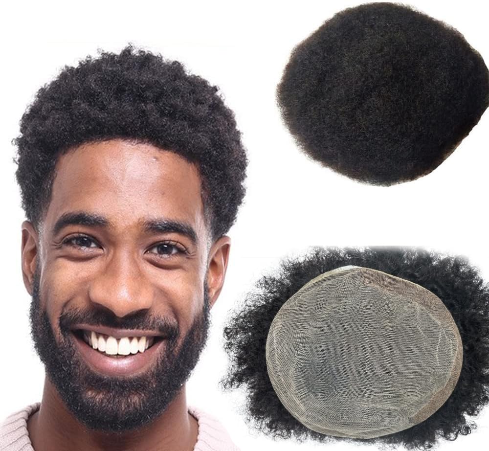 10x8 Inch Full Lace Afro Toupee for Men - 100% Human Hair Replacement System - #1 Jet Black Color - Perfect for Daily Wear, Special Occasions & Hair Loss Solutions