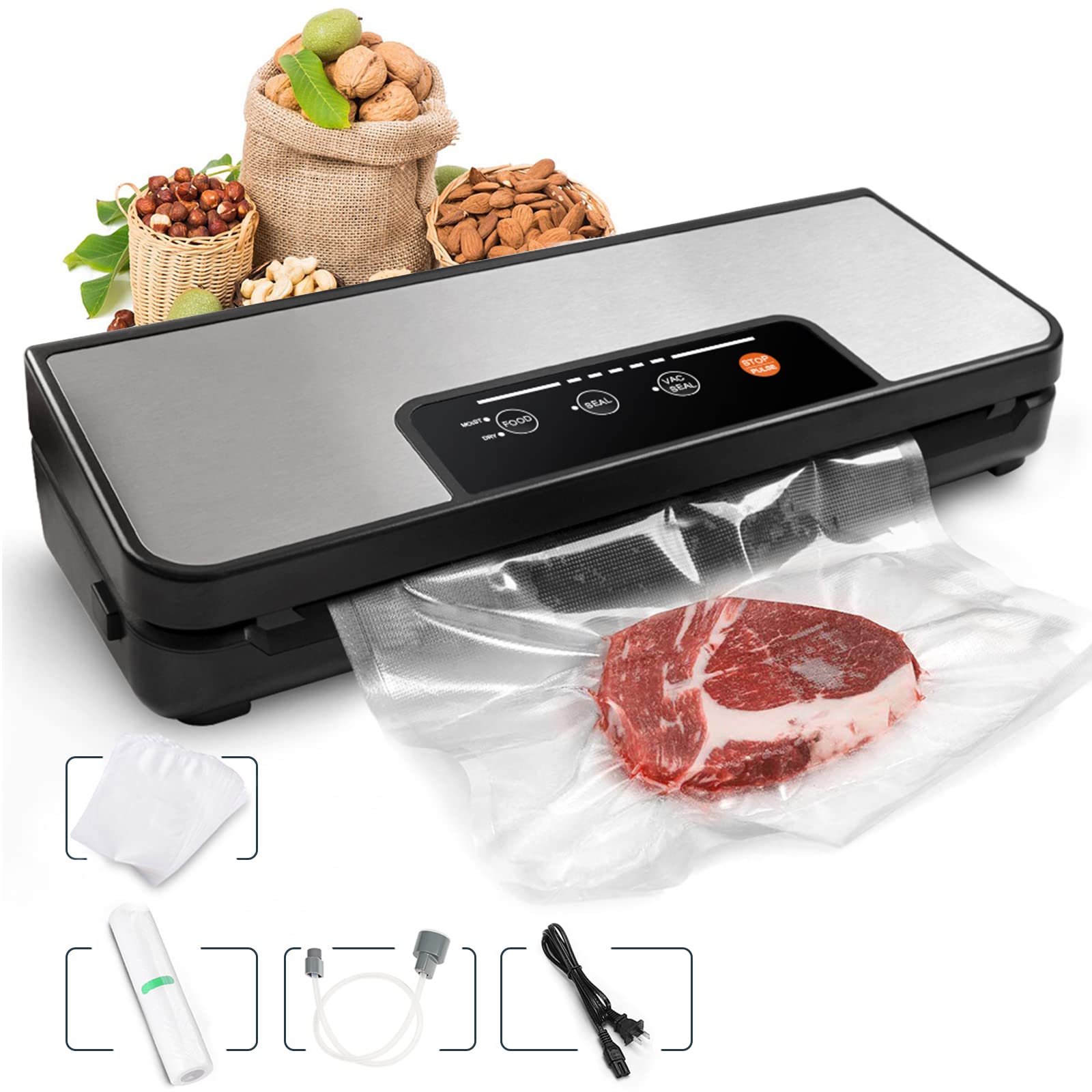 Toprime Vacuum Food Sealer Machine with -80kPa Powerful Sealing System | Includes Roll Bag Cutter, Sous Vide Bags & Hose | Dry & Moist Food Modes for Long-Term Food Storage | Perfect for Meal Prep, Sous Vide Cooking & Freezer Organization