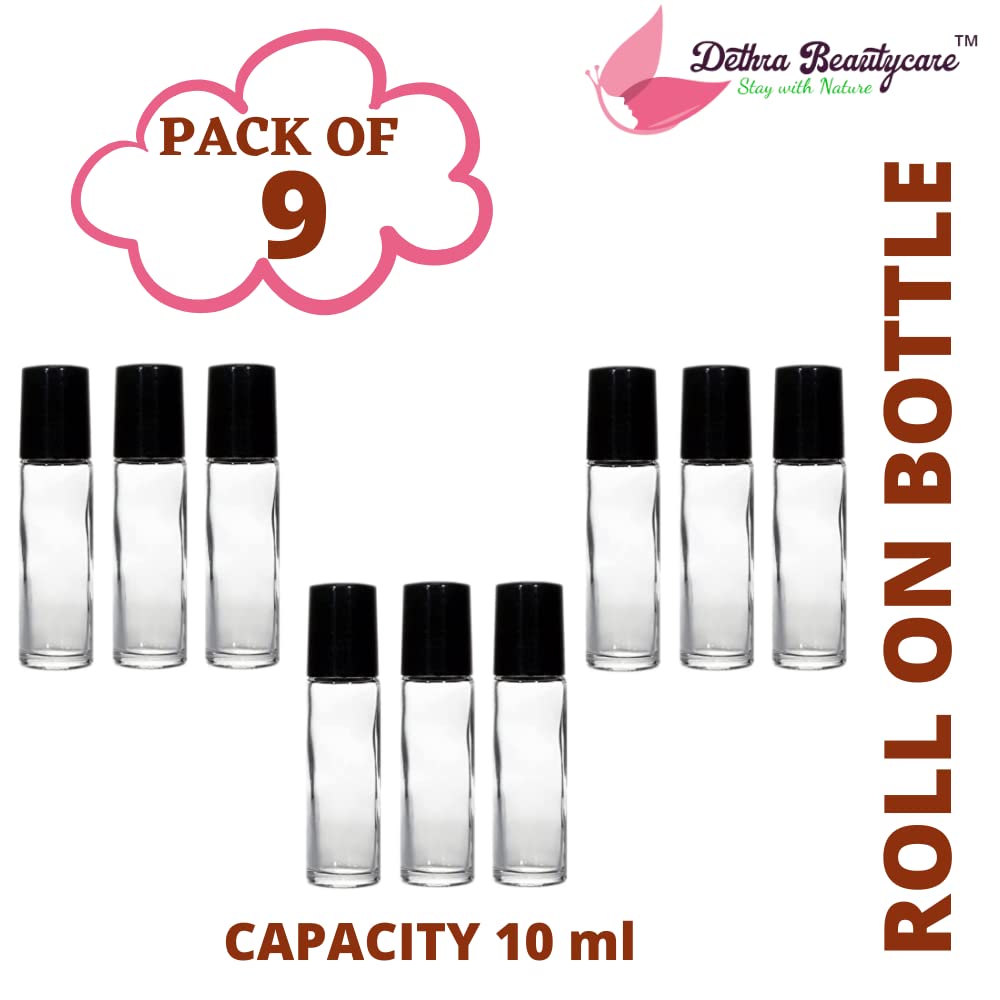 Dethra 10ML Empty Glass Roll On Bottles with Roller Ball & Black Cap - Refillable Essential Oil Bottles for Perfume, Lip Serum, Eyebrow Growth Serum - Pack of 9 - Perfect for DIY Beauty, Travel & Gifts