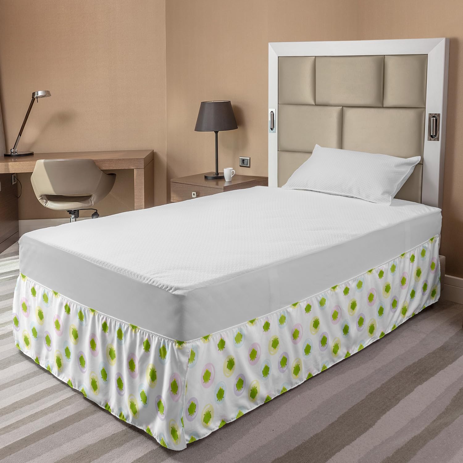 Ambesonne Cartoon Elastic Bed Skirt - Frog Prince in Bubbles Fairy Tale Design, Pastel Yellow Green Wrap Around Dust Ruffle for Twin/Twin XL Beds | Perfect for Kids' Bedrooms, Nursery Decor & Fantasy Themed Rooms