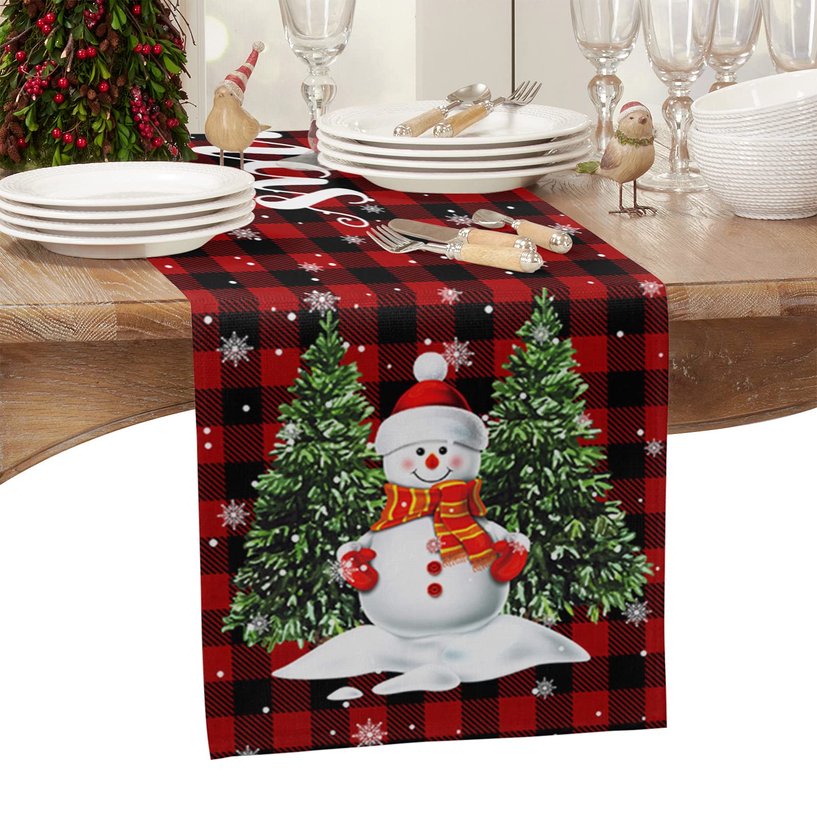 Washable Christmas Table Runner 60 Inches - Cute Snowman & Xmas Tree Buffalo Plaid Design in Red/Black for Dining Table, Dresser, Coffee Table | Perfect for Holiday Parties, Weddings & Festive Decor