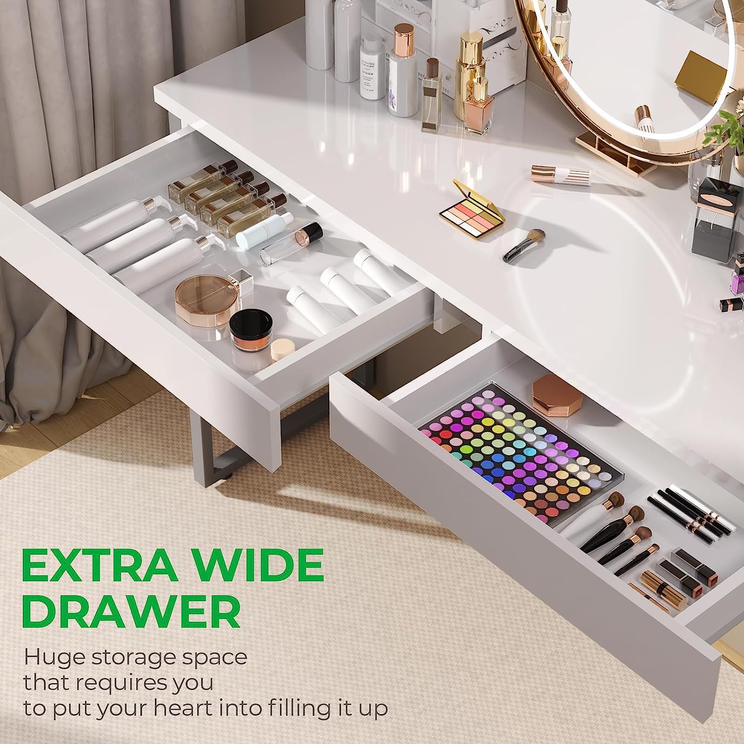 GreenForest 47-inch White Vanity Desk with 2 Drawers & Glossy Desktop - Makeup Dressing Table with Metal Silver Legs for Home Office, Small Spaces & Bedroom - Easy to Clean & Space-Saving Design for Daily Makeup, Work & Study
