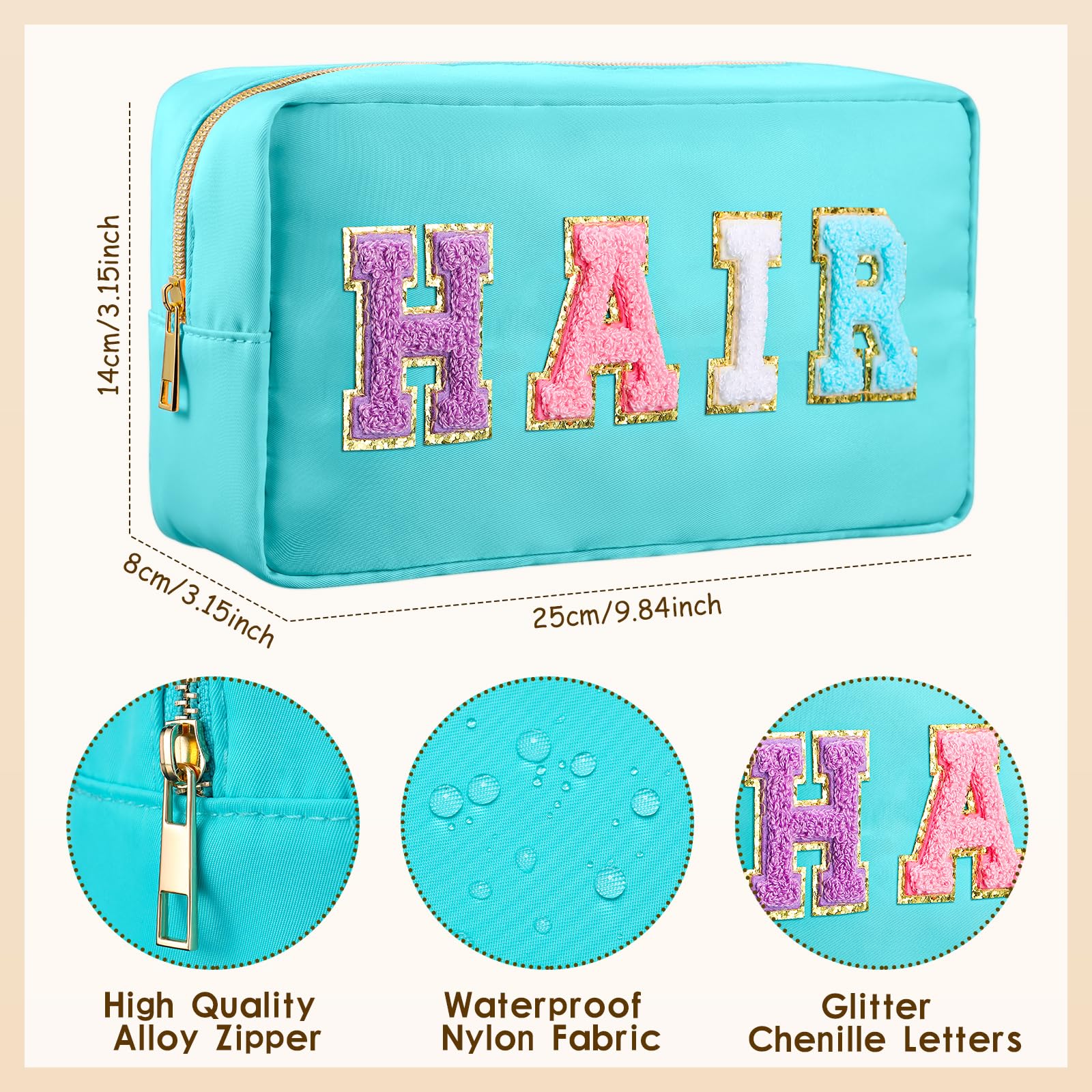 Remerry 4-Piece Makeup Bags Set - Waterproof Travel Cosmetic Organizer with Chenille Letters - Preppy Toiletry Pouches for Women, Girls & Teens (Classic Style) - Perfect for Travel, Gym, School & Daily Beauty Storage