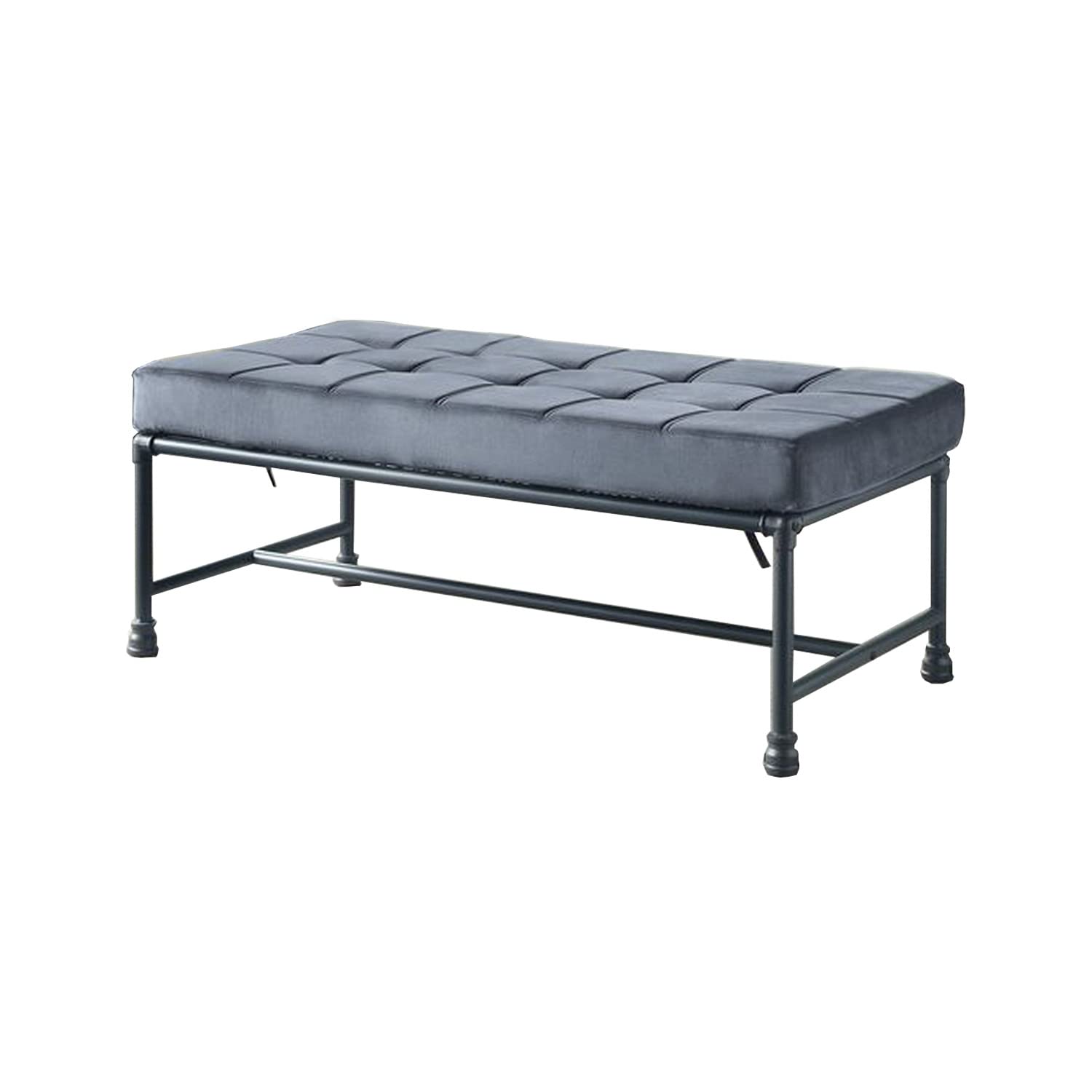 Benjara Gray Button Tufted Bench with Pipe Style Metal Frame - Perfect for Entryway, Bedroom, or Living Room Seating