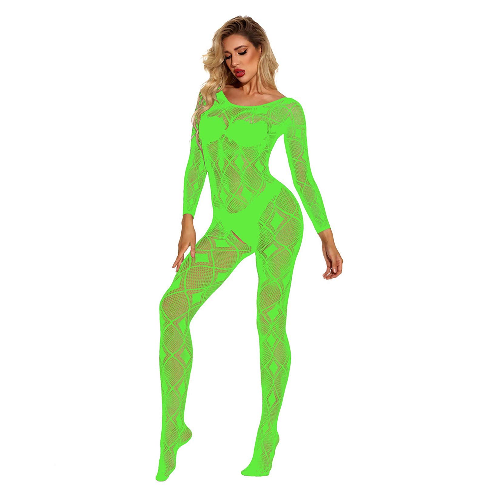 Sexy Green Fishnet Stockings & Lace Bodysuit for Women - Plus Size Rave Outfit & Lingerie | Perfect for Halloween, Cosplay, and Nightclub Parties