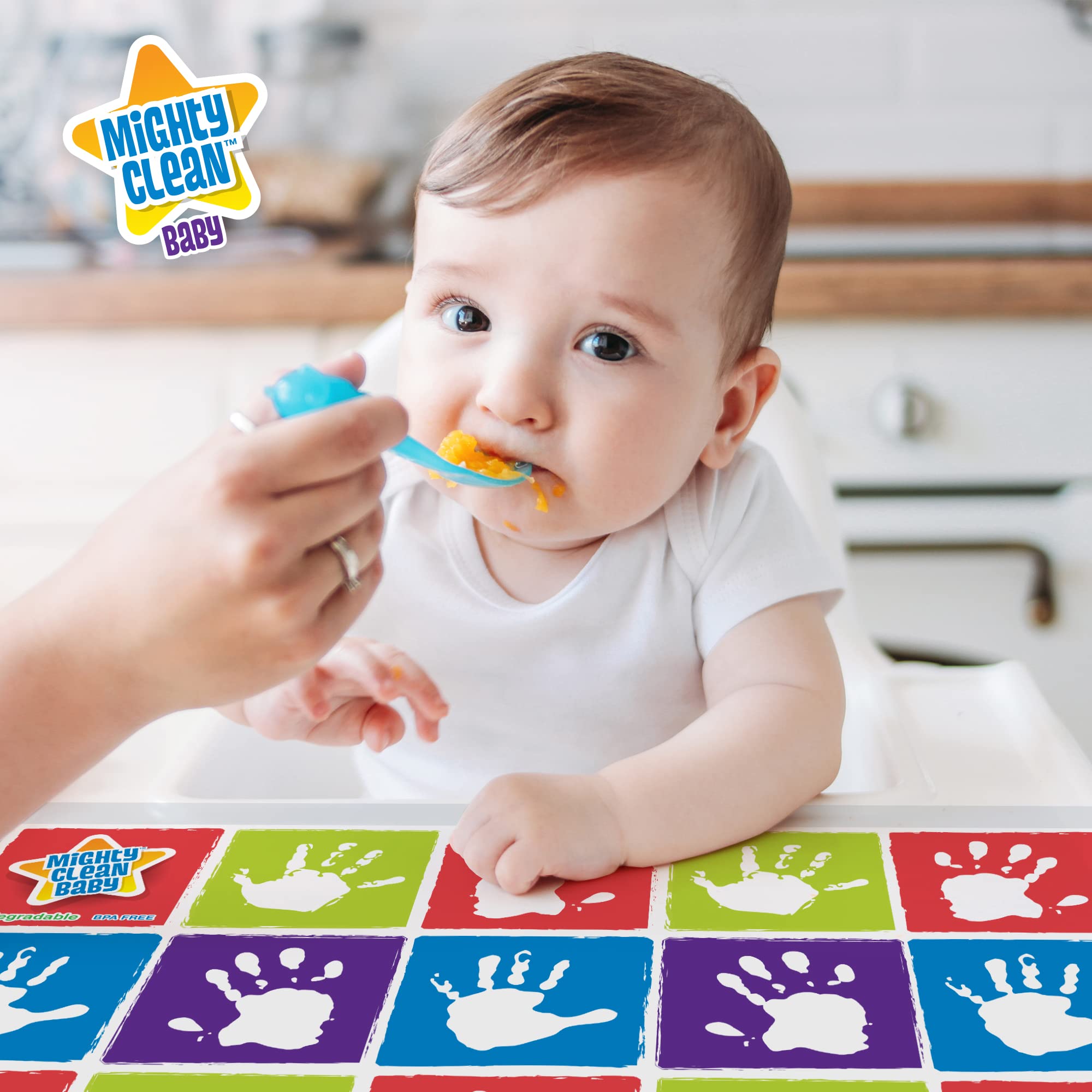 Mighty Clean Disposable Baby Placemats - 24 Pack (6 x 4 Placemats) for Travel, Restaurants & High Chair Use - BPA Free, Waterproof & Adhesive Table Mats for Toddlers