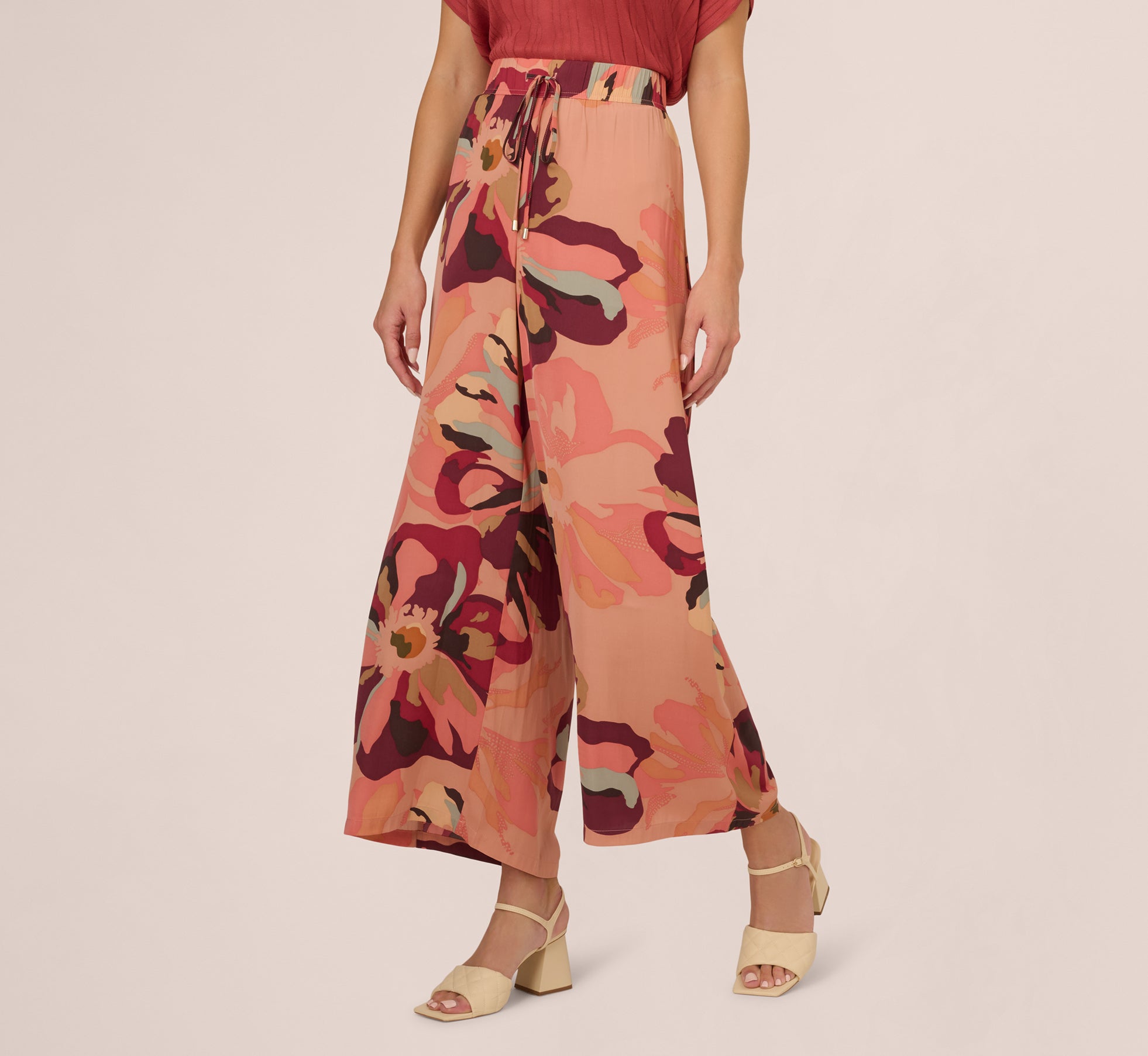 Stylish Tropical Floral Print Wide Leg Pants with Adjustable Drawstring Waist - Deep Burgundy Sunset Floral Design | Perfect for Beach Vacations, Summer Outfits & Boho Fashion
