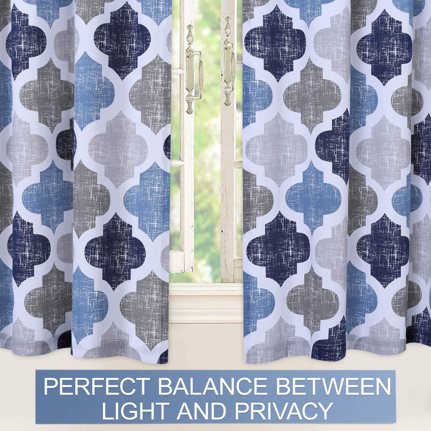 Quatrefoil Printed Cafe Curtains 30 Inch - Set of 2, Geometric Lattice Rod Pocket Window Curtains for Bathroom & Kitchen, Gray/Navy Cotton Blend - Perfect for Small Windows, French Doors & Farmhouse Decor