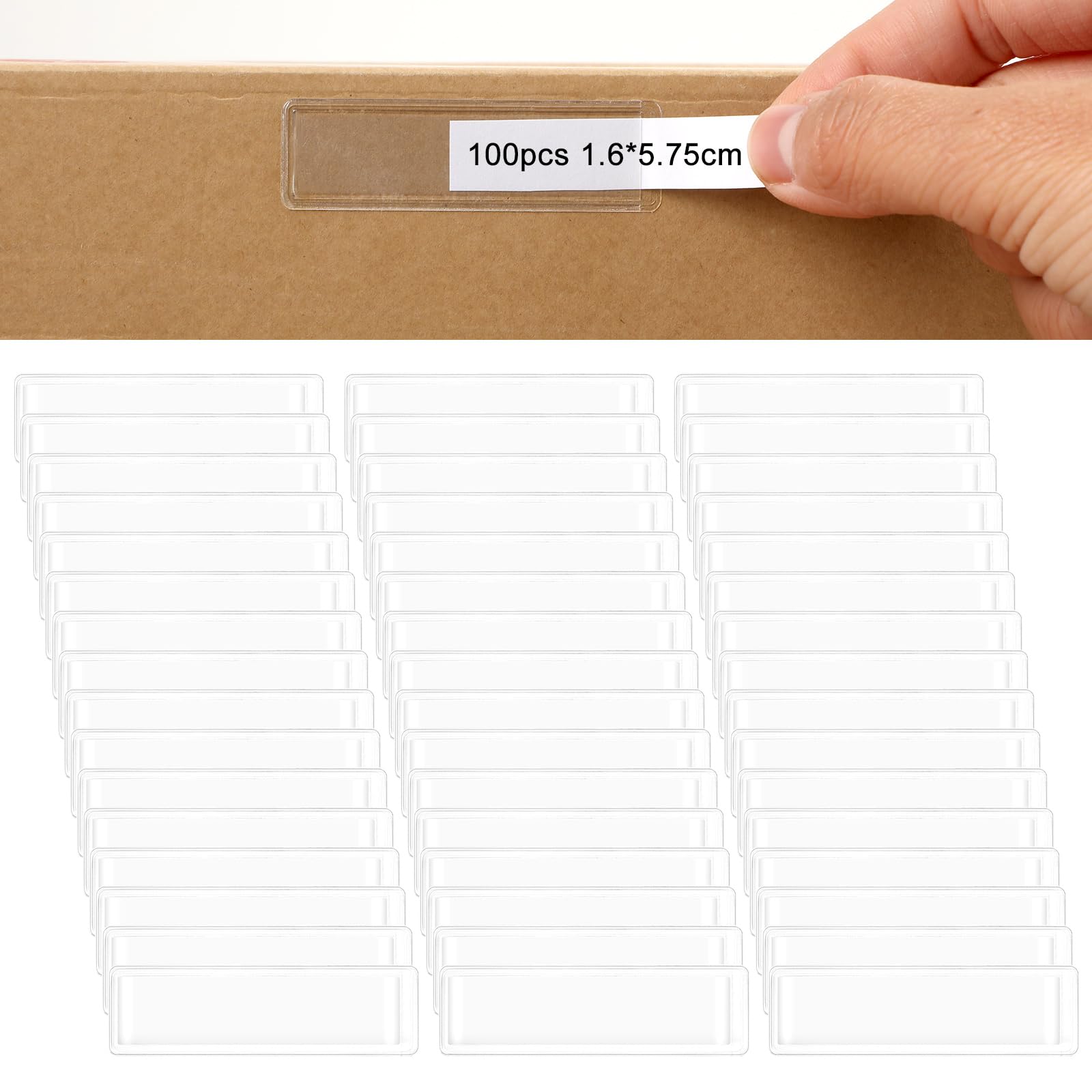 100 Pcs Clear Self-Adhesive Index Card Pockets - Top Open Plastic Label Sleeves for File Folders, Bins & Organizers (5.75x1.6cm) - Perfect for Library, Office & Home Storage Organization