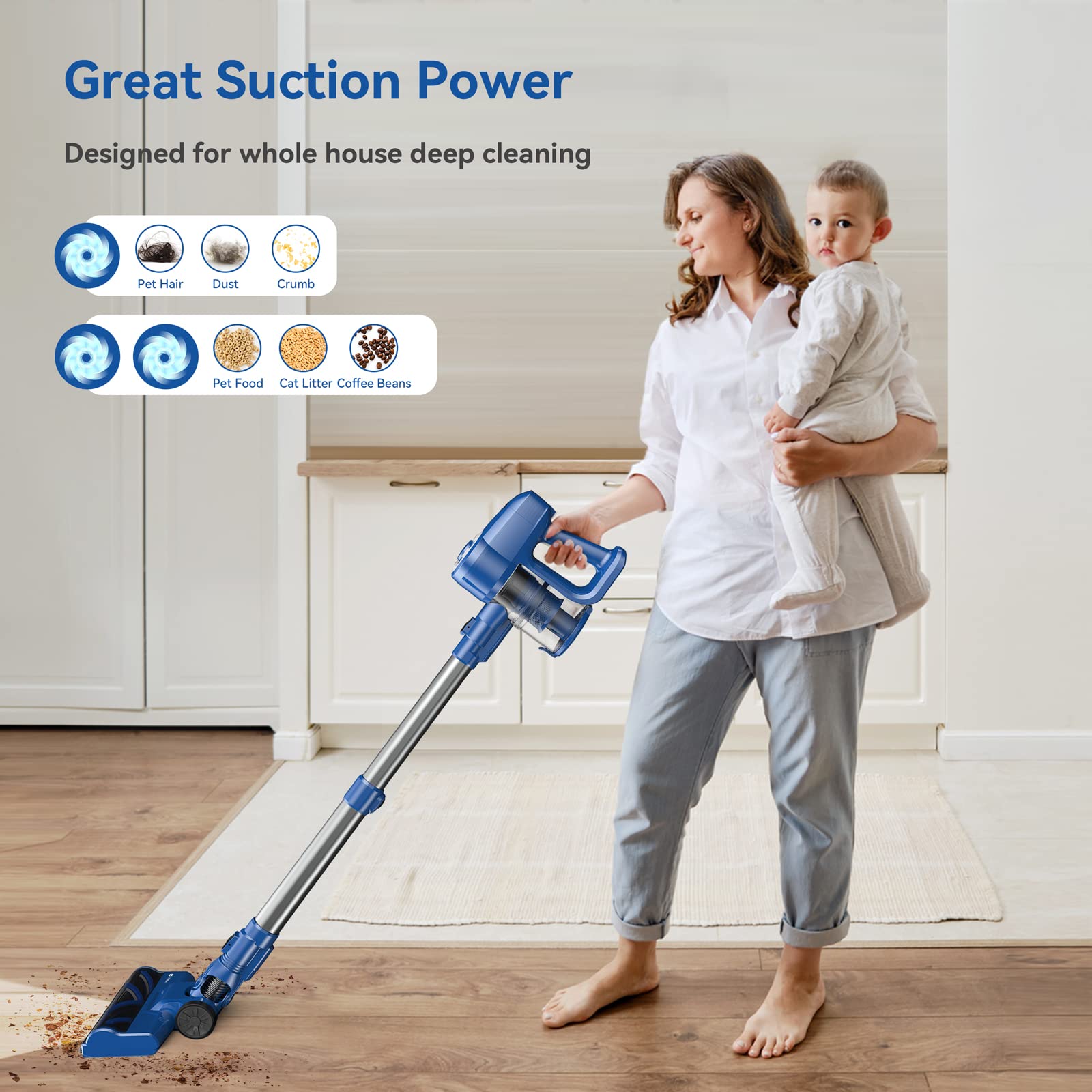 Ultra-Lightweight 6-in-1 Cordless Stick Vacuum Cleaner with 2200mAh Battery | 40 Min Runtime | Rechargeable for Hardwood Floors & Low-Pile Carpets | Pet Hair Removal | Perfect for Home Cleaning & Quick Pickups (Azure)