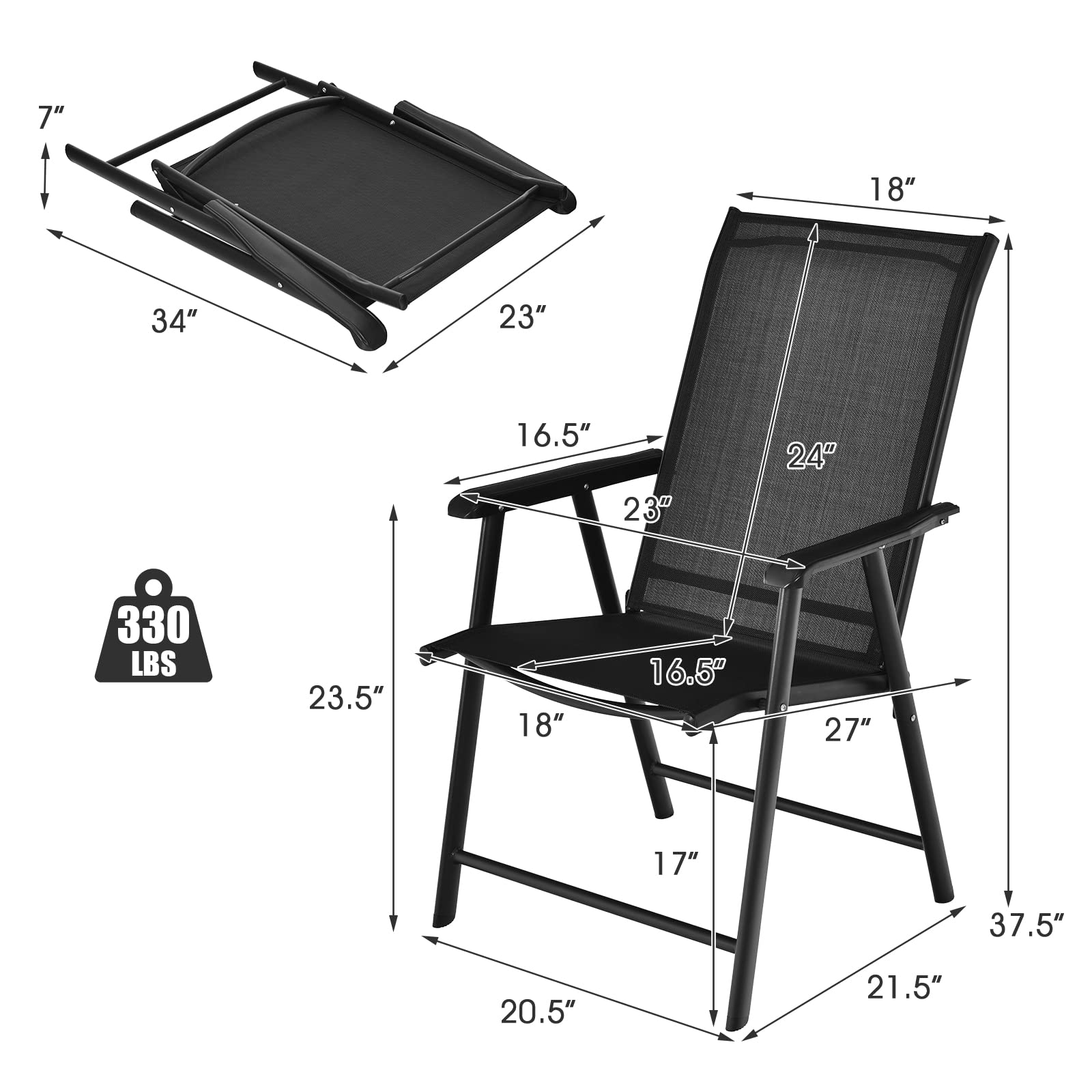 SAFSTAR Folding Patio Chairs Set of 2 - Portable Outdoor Lounge Chairs with Armrests for Garden, Backyard, Poolside & Camping - Lightweight & Durable Black Lawn Chairs