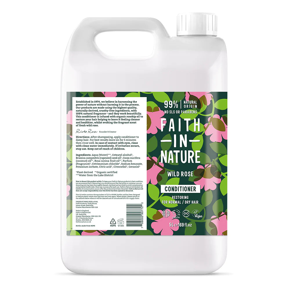 Faith In Nature Wild Rose Conditioner Refill 5L - Hydrating & Nourishing Hair Care for Dry & Damaged Hair - Perfect for Salons, Spas & Eco-Conscious Homes