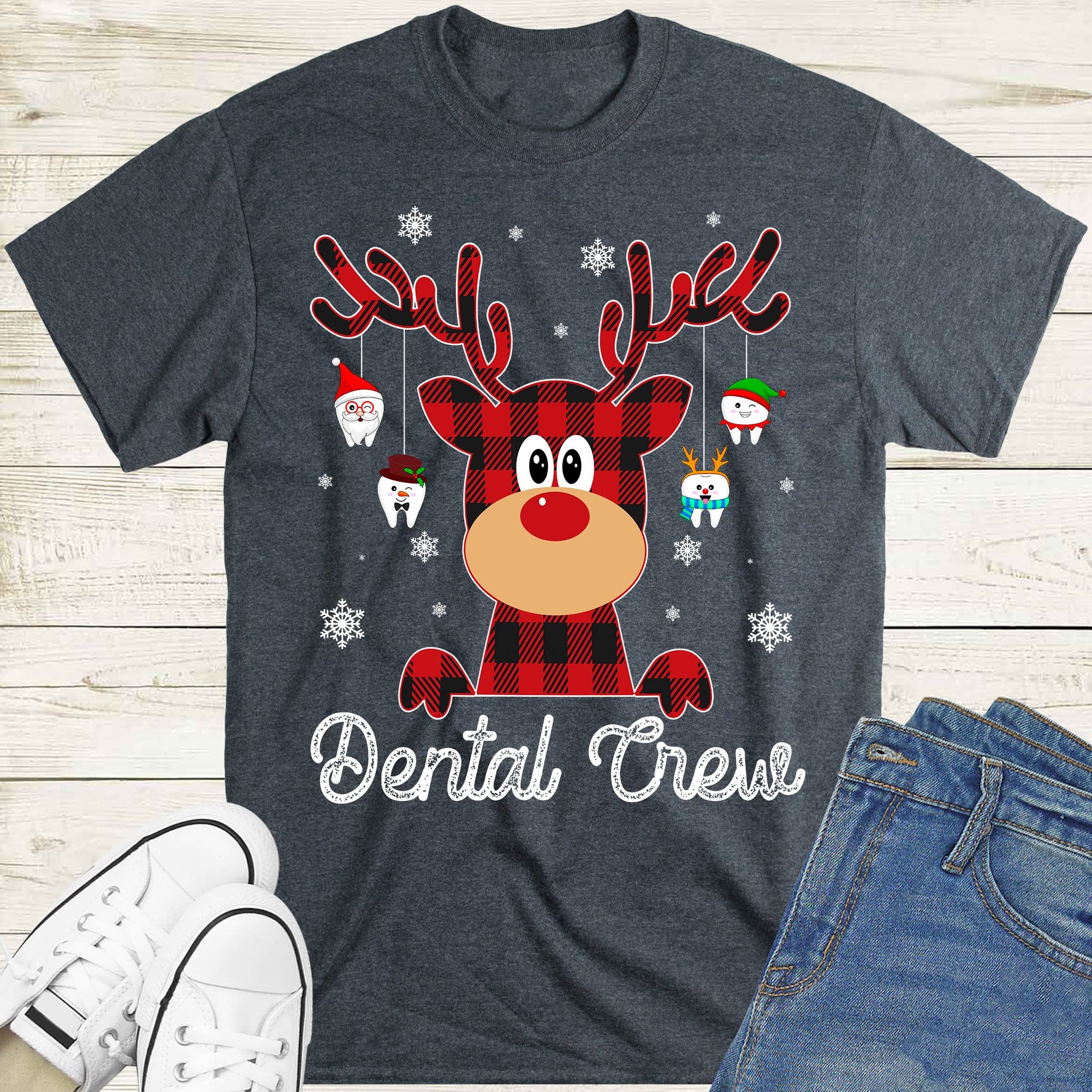 TEEDIY Dental Crew Shirt - Funny Dentist & Nurse Christmas Reindeer Print T-Shirt for Dental Professionals | Perfect for Office, Holiday Parties & Dental Conventions
