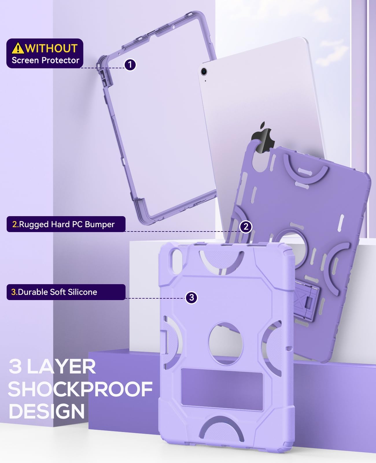 Premium Shockproof Rugged Case for iPad Air 11-inch (M3 2025/M2 2024) & 10.9-inch (5th/4th Gen 2022/2020) - Heavy Duty Protective Cover with Dual Layer Defense in Purple - Perfect for Outdoor Adventures, Construction Sites & Travel Protection