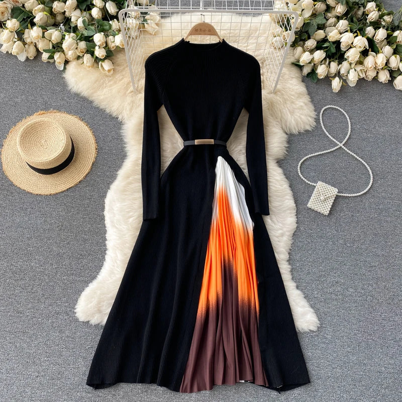 Banulin Women's Elegant Knitted Retro Print Pleated Midi Dress - Autumn Winter Gradient Patchwork Long Sleeve Office Dress with Belt | Perfect for Work, Parties & Holiday Events