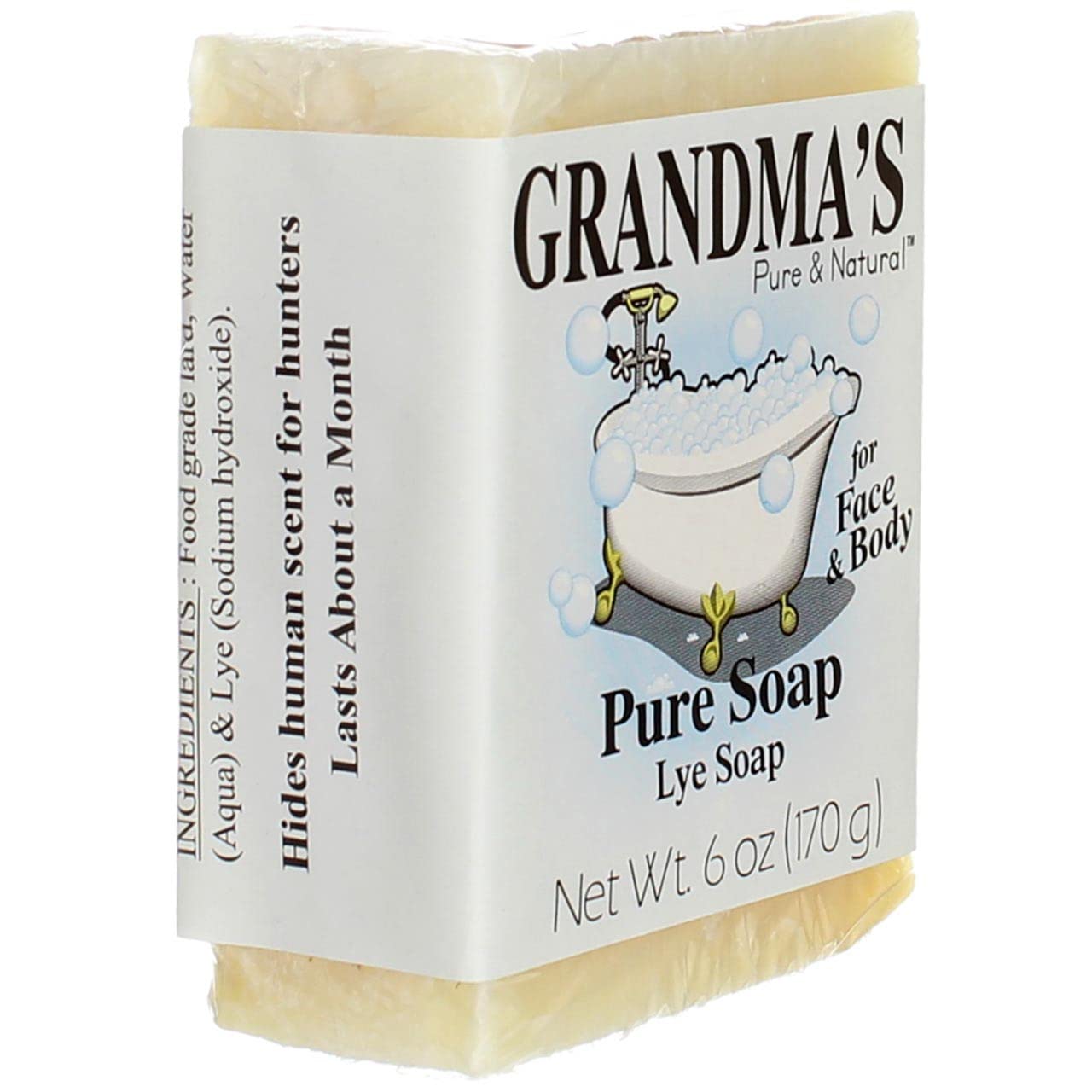 Grandma's Pure Lye Soap Bar - 6.0 oz Unscented Face & Body Wash - Natural Cleanser with No Detergents, Dyes or Fragrances - Pack of 6 (60018) - Ideal for Sensitive Skin, Eczema & Daily Gentle Cleansing