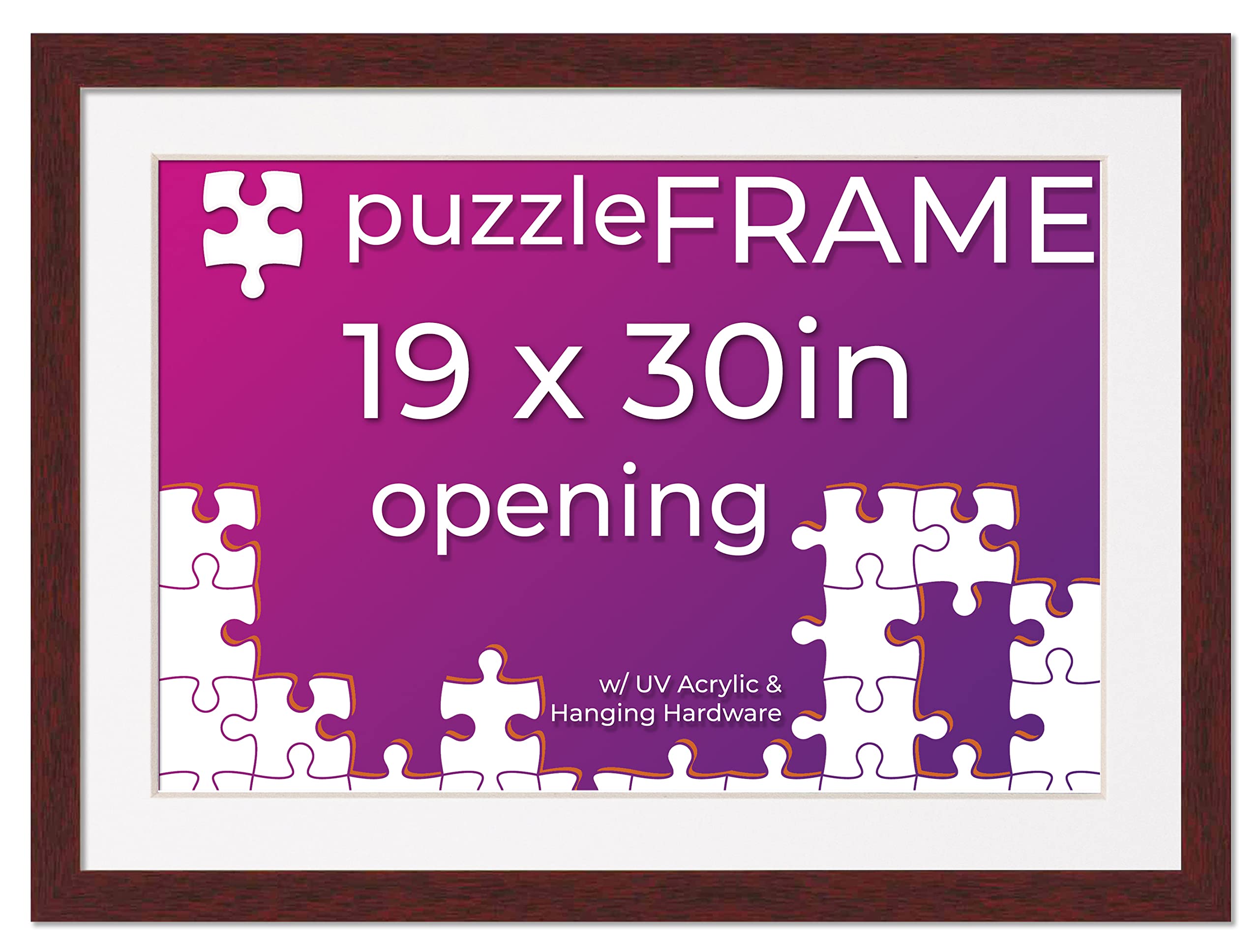 19x30 Jigsaw Puzzle Frame Kit with Puzzle Glue Sheets, Brown Wood Frame & White Mat - Complete DIY Puzzle Display Solution for Home Decor, Gifts, and Wall Art | Includes UV Acrylic, Backing & Hanging Hardware