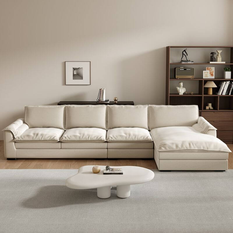 L-Shaped Stain-Resistant Corner Sectional Sofa in Ivory - Right-Hand Facing with Recessed Arm, Removable Slipcover & Chaise Lounge | Perfect for Living Room, Family Room & Home Theater Comfort