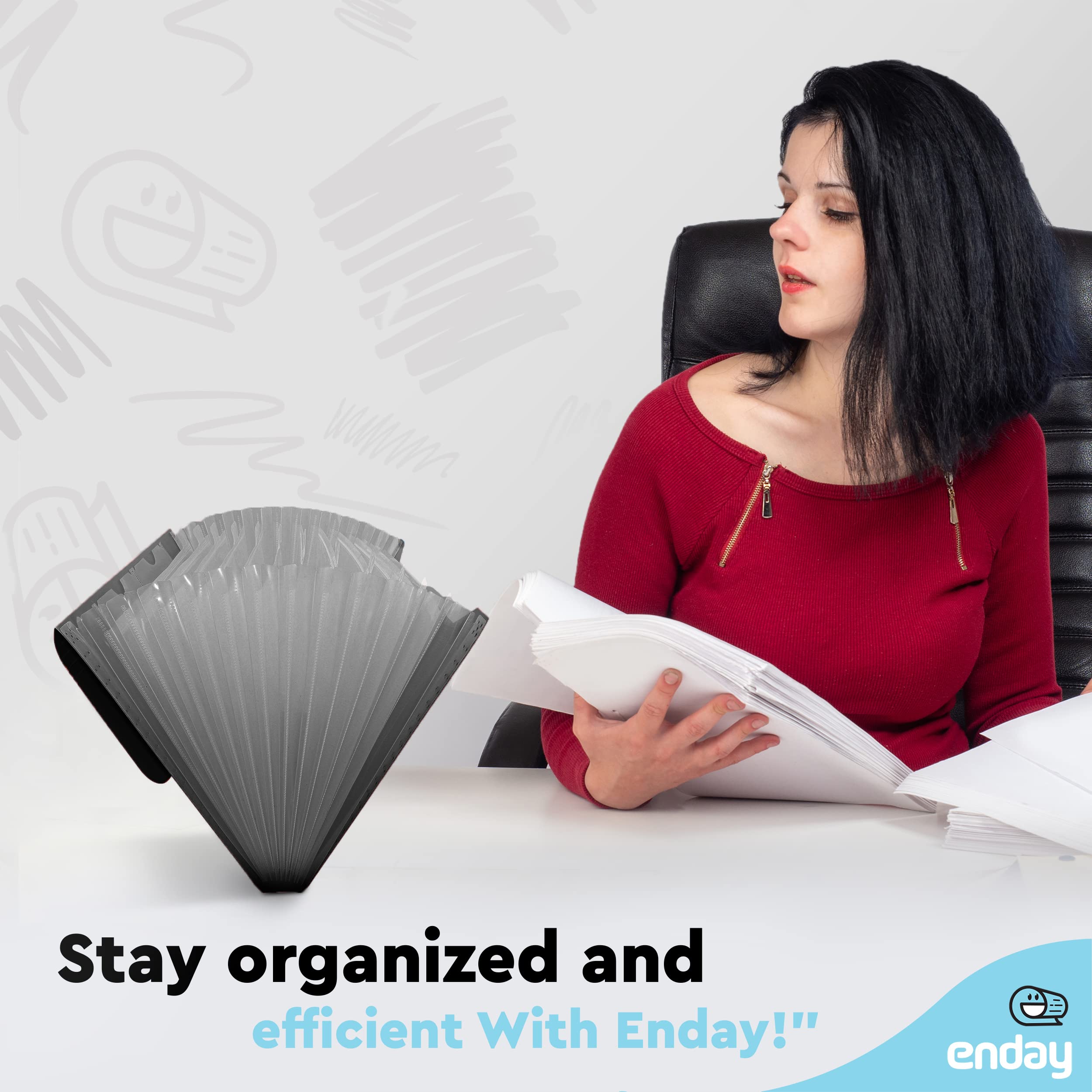 Enday 13-Pocket Accordion File Organizer - Black Expanding Folder with Labels for A4 Letter Paper, Portable Plastic Desktop Document Storage | Perfect for Office, School, and Home Organization