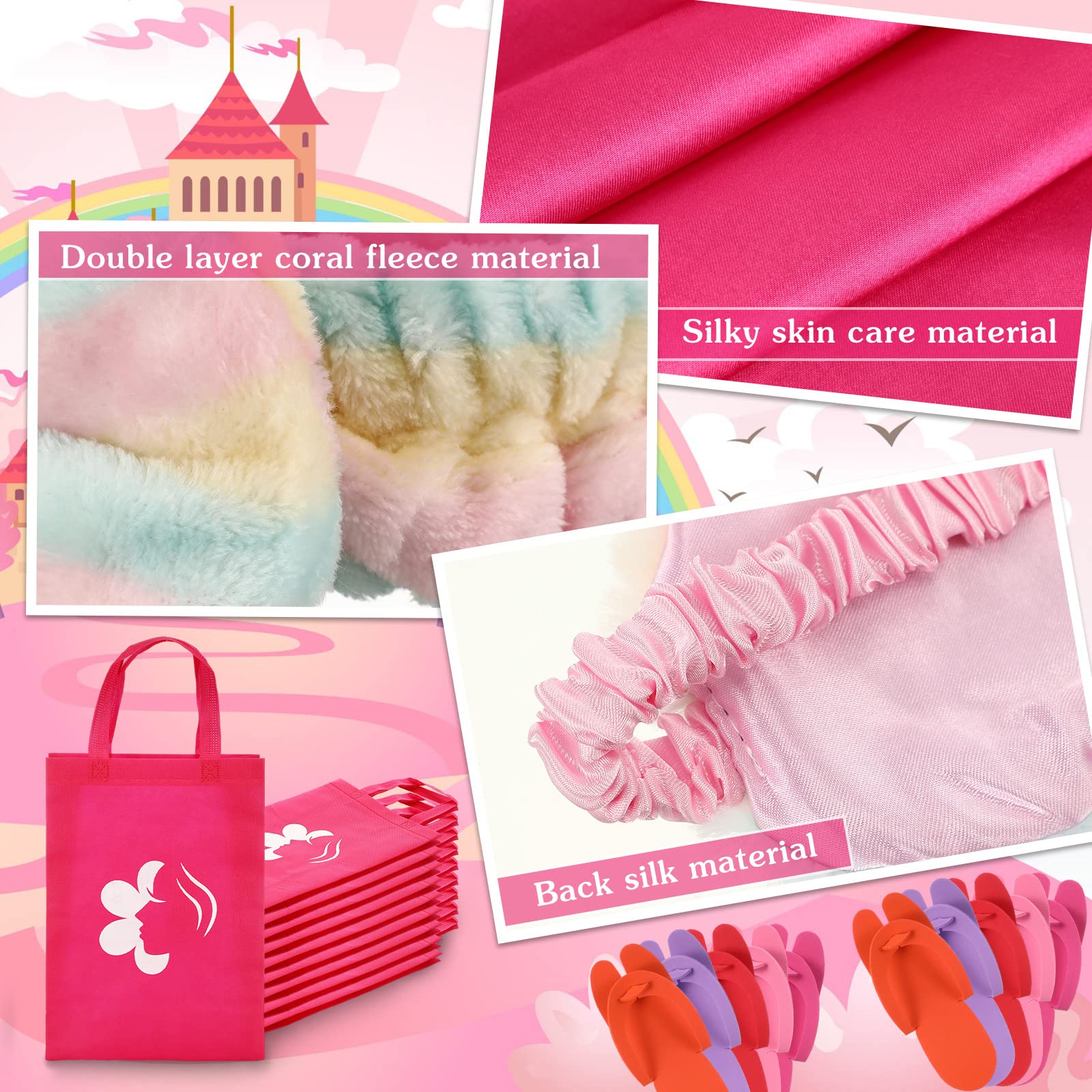 Bonuci 50 Pcs Spa Party Supplies for Girls - 10 Satin Robes & 10 Kids Slippers - Perfect for Sleepovers, Birthday Parties & Spa Themed Events | Great for Girls' Night, Pampering Parties & Relaxation Gifts