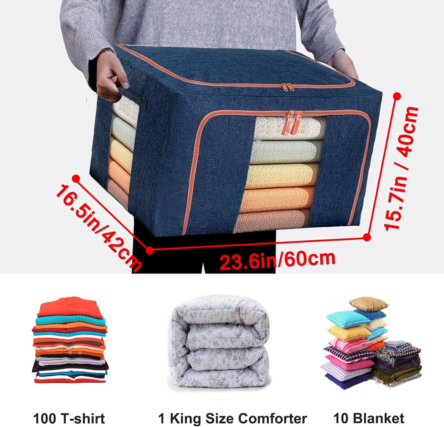 100L Large Cloth Storage Box - Foldable Closet Organizer for Clothes, Blankets & Toys | Space-Saving Wardrobe Storage Bags in Grey & Blue | Perfect for Bedroom, Closet & Travel Organization