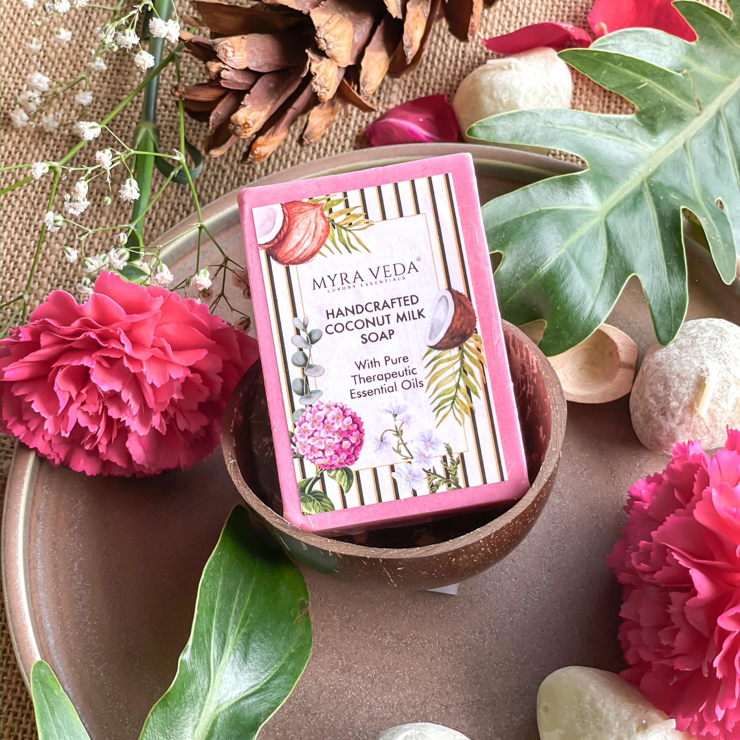 Myra Veda Organic Coconut Milk Bath Soap for Women & Men - 100% Natural, Chemical-Free Handmade Soap with Therapeutic Essential Oils for Dry & Glowing Skin - 100g | Perfect for Relaxing Baths, Spa Days & Gentle Skin Care