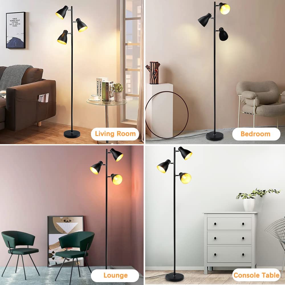 DLLT Industrial Tree Floor Lamp with 3 Adjustable Heads - Modern Farmhouse Standing Light for Living Room Bedroom - Tall Skinny Pole Reading Lamp with Foot Switch - Mid Century Design (Bulbs Included) - Perfect for Cozy Reading Nooks & Living Room Accent Lighting