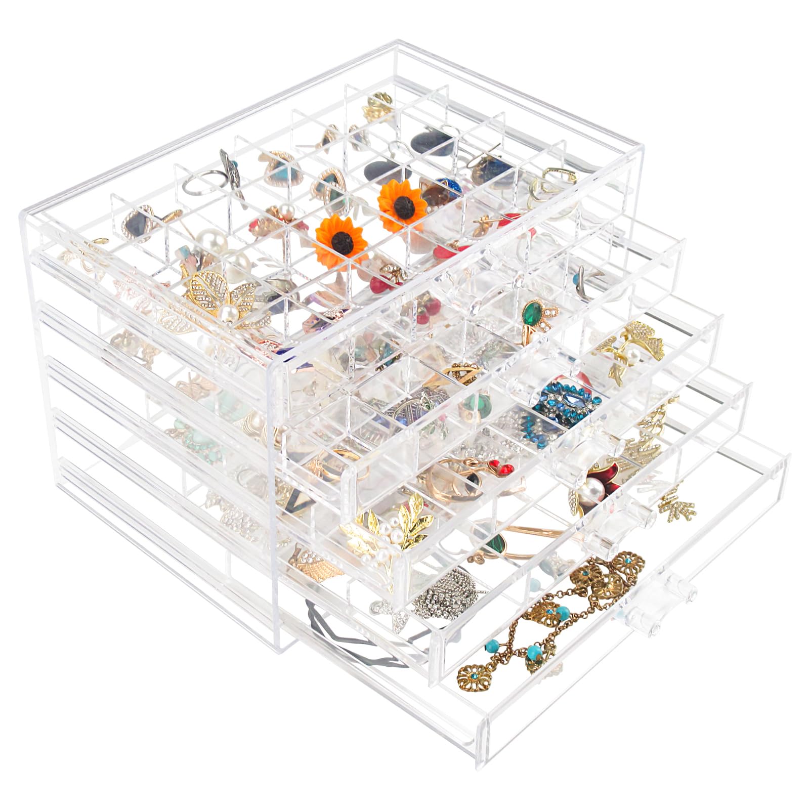 5-Drawer Acrylic Jewelry Organizer Box - Clear Jewelry Storage Case for Women, Girls & Men - Perfect for Necklaces, Rings, Earrings & Bracelets Organization at Home or Travel