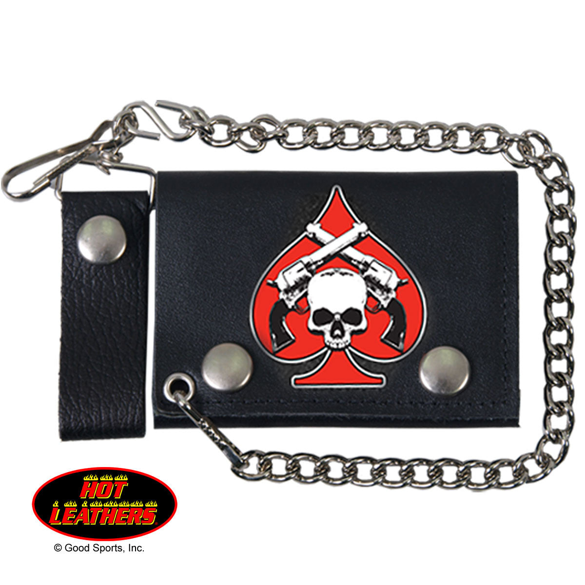 Hot Leathers Spade Skull & Pistols Leather Wallet with Chain - Handmade in USA | Biker Accessories for Men, Motorcycle Riders & Gift Ideas