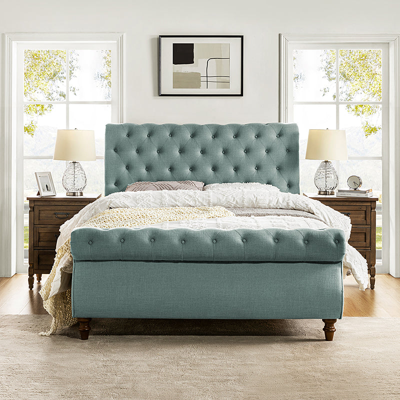 Deirdre Upholstered Sleigh Platform Bed - Queen Size with Solid Wood Frame & Luxe Fabric Headboard - Perfect for Modern Bedroom & Guest Room Decor