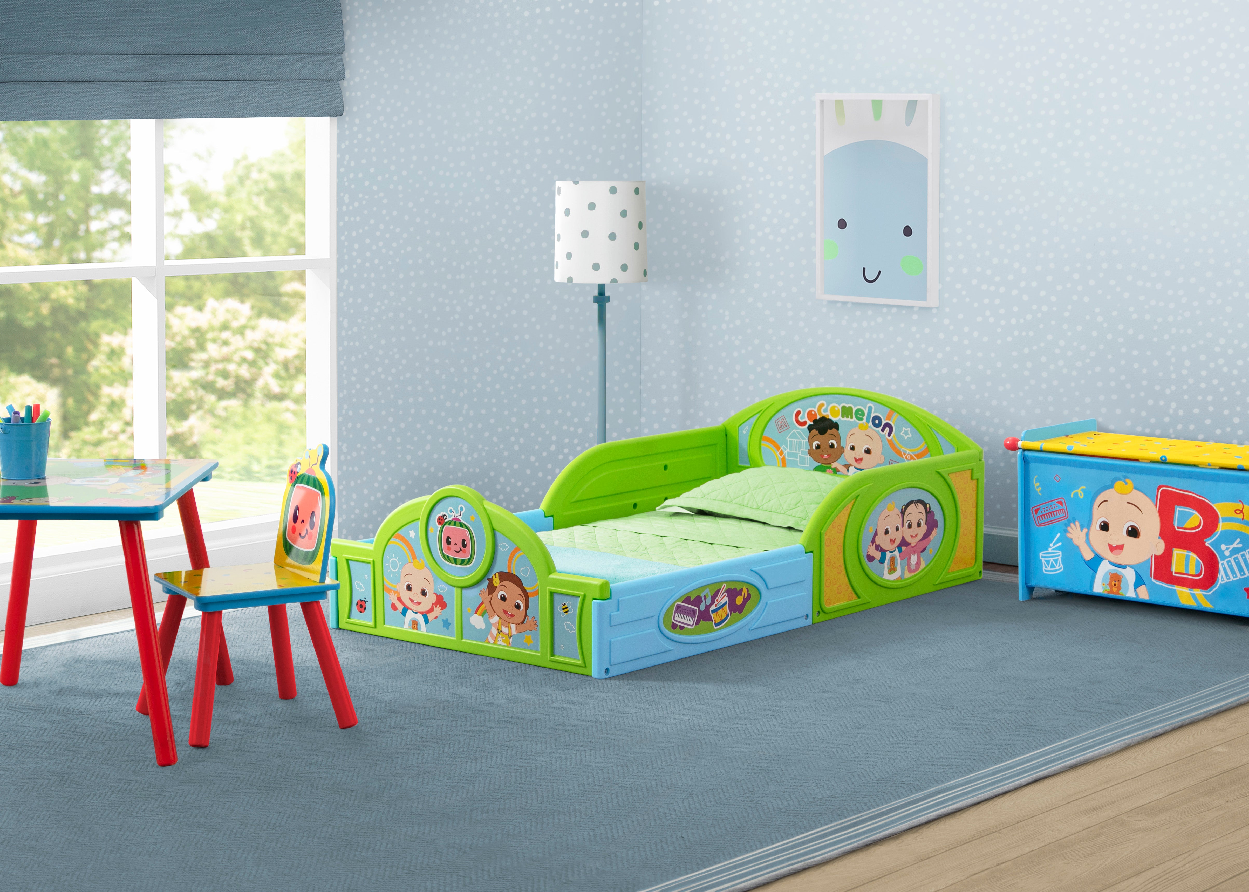 CoComelon 4-Piece Toddler Room Furniture Set - Toddler Bed, Play Table, Chair & Toy Box for Kids' Bedroom Decor | Perfect for Nursery, Playroom & Preschool Learning Spaces