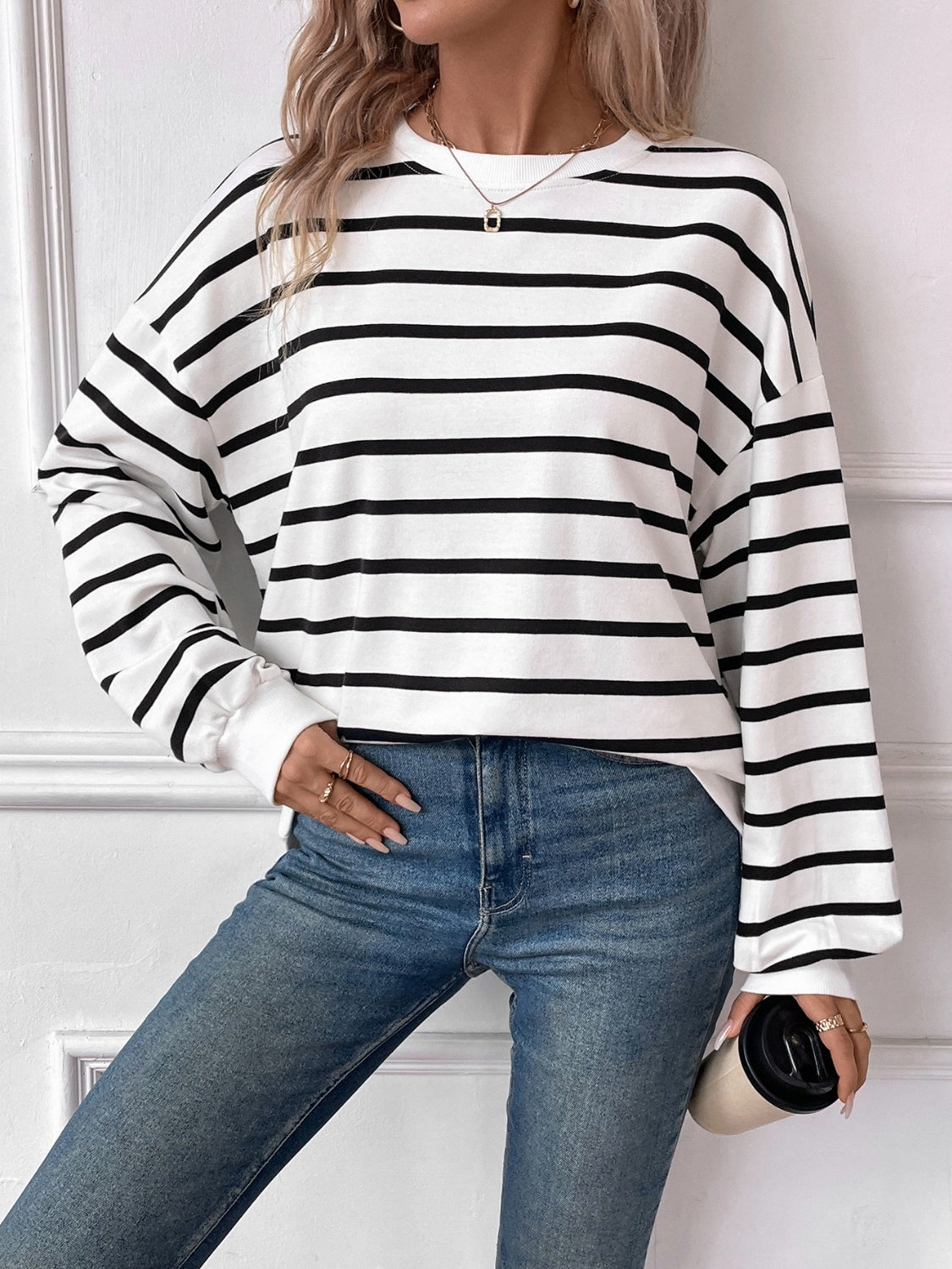 Lovelet Striped Round Neck Long Sleeve Sweatshirt for Women - Cozy Casual Pullover Top for Fall & Winter - Perfect for Lounge, Workout, and Everyday Wear