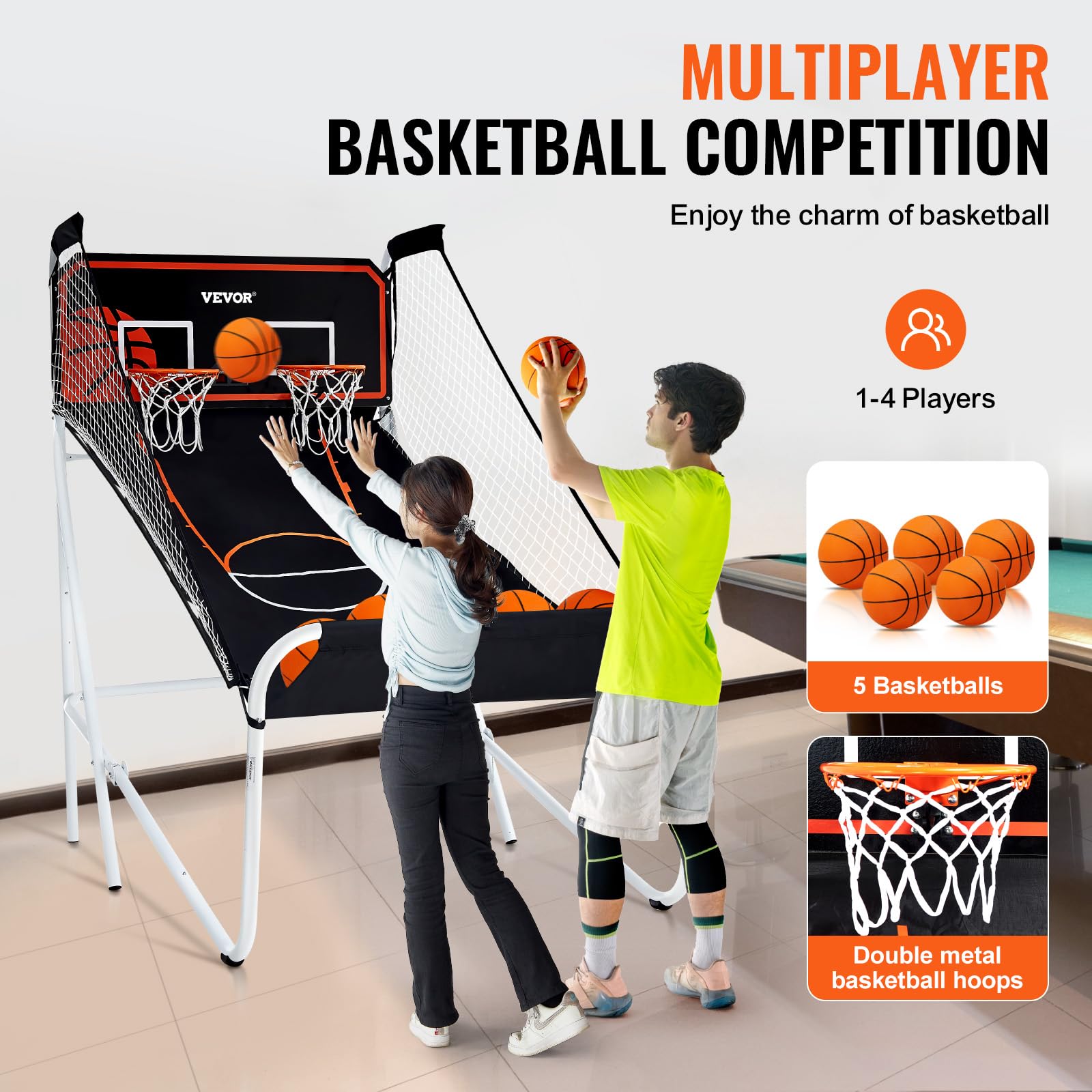 VEVOR 2 Player Basketball Arcade Game - Indoor Electronic Basketball Hoop with 8 Game Modes, Scoreboard & Air Pump - Fun Home Sports Game for Kids & Adults - Perfect for Game Rooms, Parties & Family Entertainment