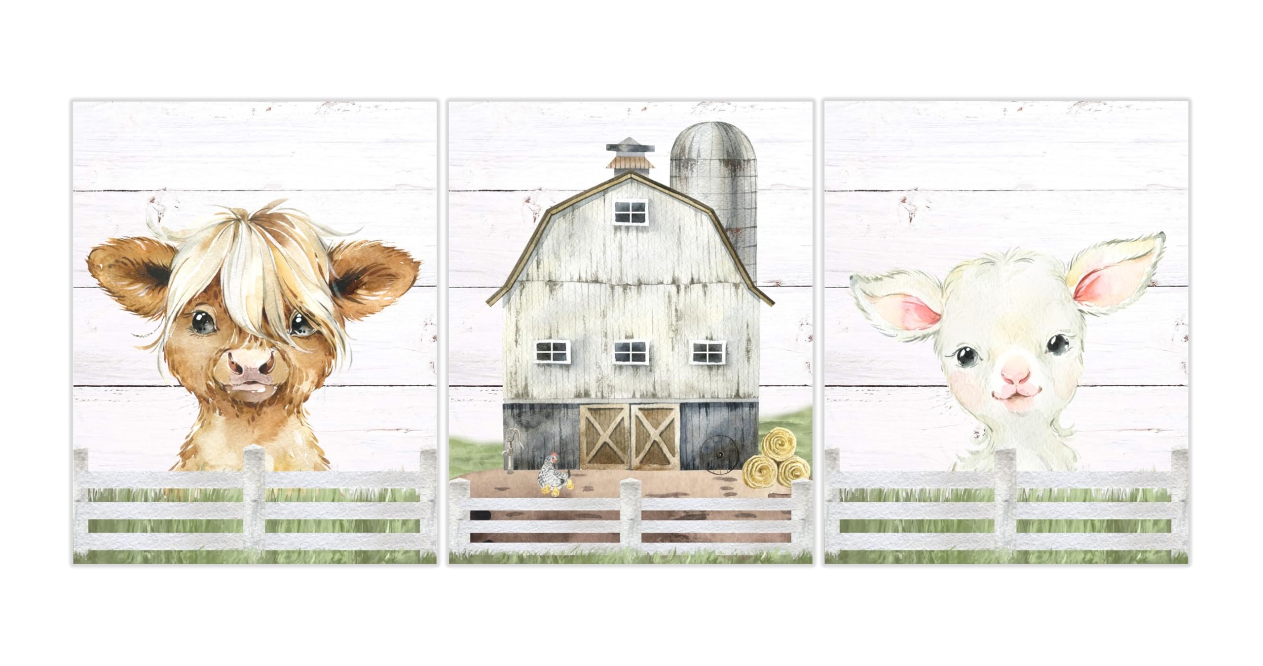 Rustic Farm Nursery Decor - 3 Highland Cow, Lamb, Barn Prints for Farmhouse Nursery & Kids Room