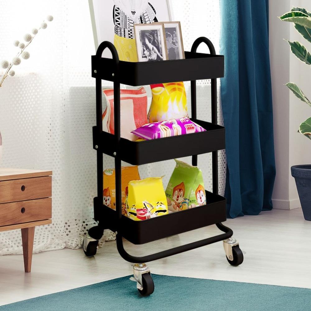 3-Tier Steel Kitchen Cart with Wheels - Black Rolling Storage Shelf Organizer for Pantry, Bathroom, or Office Use
