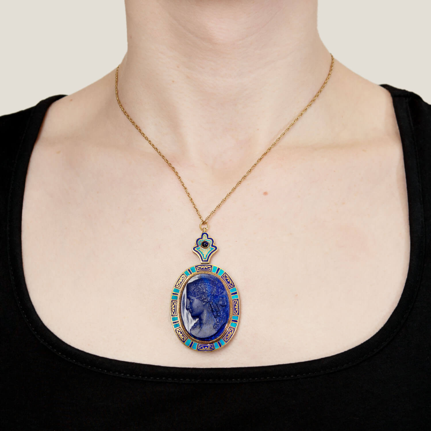14K Gold Edwardian Lapis Cameo Pendant with Enamel Frame - Convertible Pin/Brooch for Vintage Jewelry Lovers | Perfect for Weddings, Antique Shows & Special Occasions