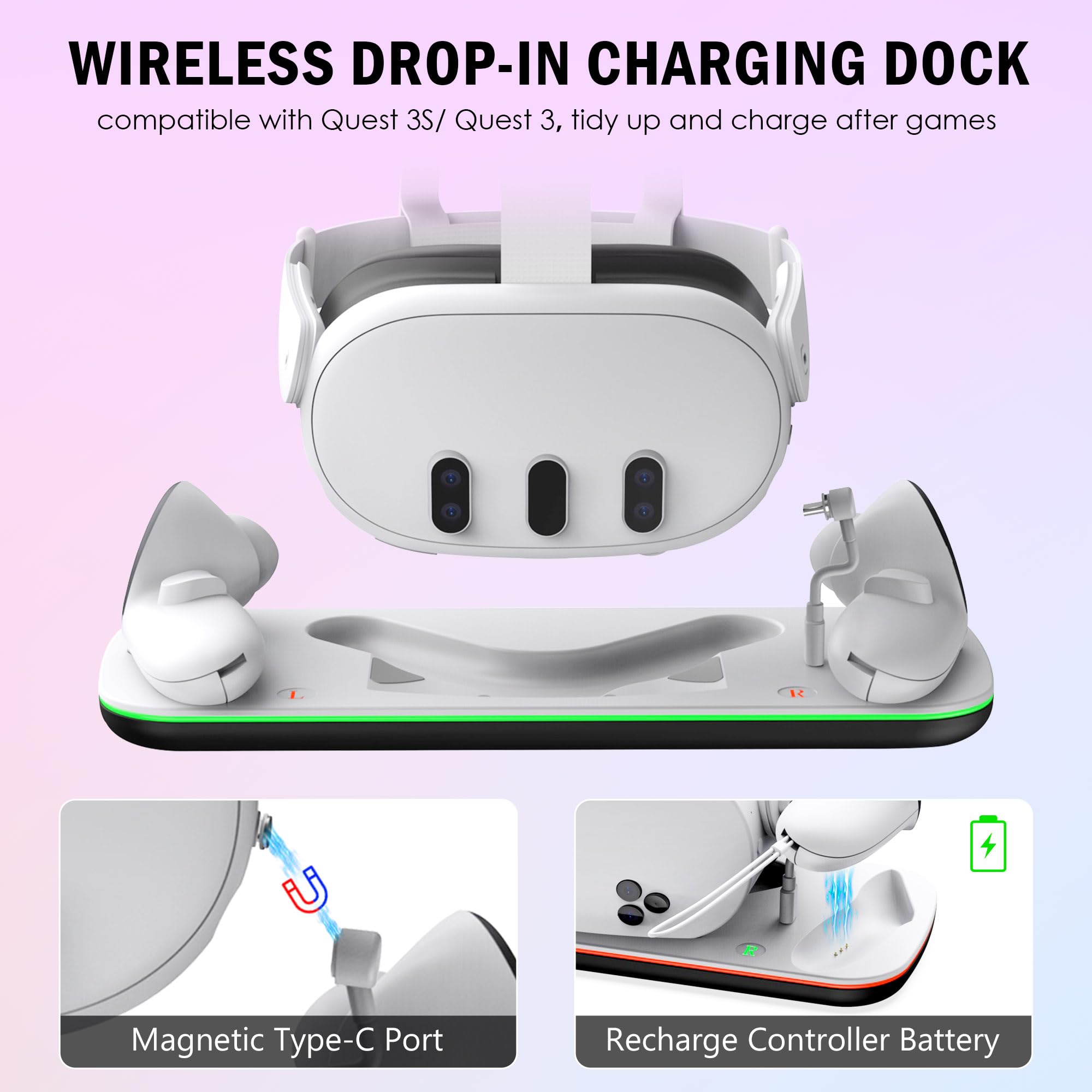 Meta Quest 3/3S Charging Dock - Magnetic Type-C VR Headset Stand with Rechargeable Battery & Controller Holder | Perfect for Gaming, VR Streaming & Home Entertainment Setup