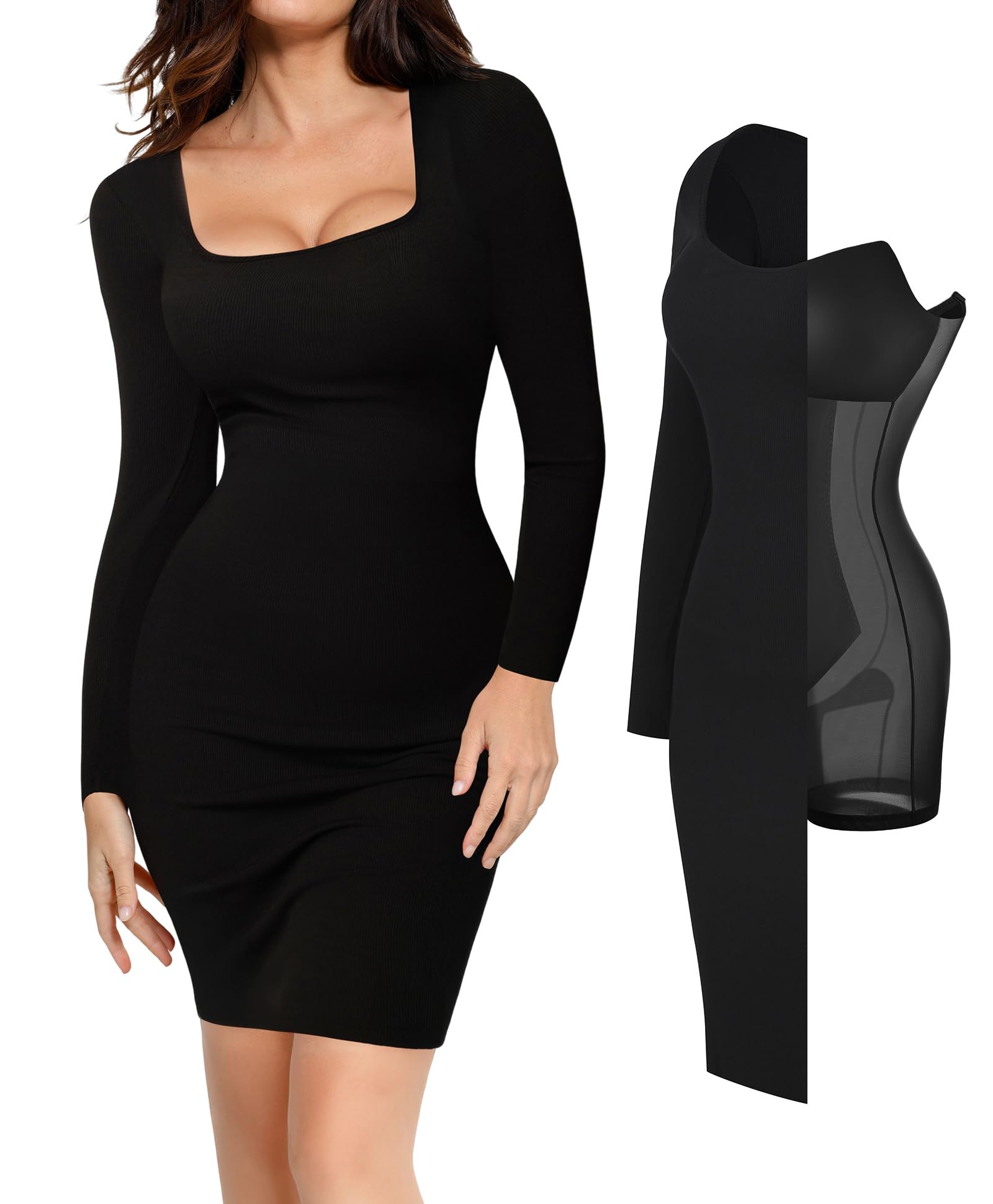 Popilush Women's Long Sleeve Bodycon Midi Dress with Built-in Bra - Tummy Control Shapewear for Cocktail Party, Night Out, Date Night & Special Occasions