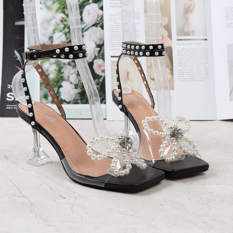 LISHAN Women's Square Toe Pearl Ankle Strap Bowknot High Heel Sandals - Elegant Stiletto Heels for Party, Prom, Wedding & Evening Events