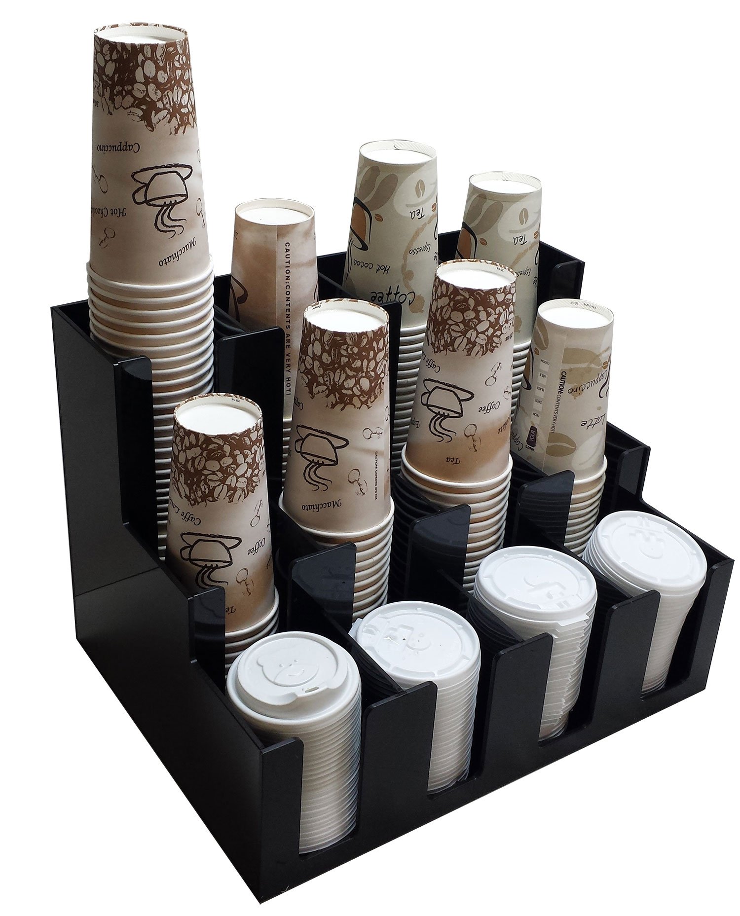 Heavy Duty RCS Plastics Vertical Coffee Cup and Lid Dispenser - 4 Rows, 3 Deep Countertop Organizer Station (1009) | Perfect for Coffee Shops, Cafes, and Restaurants