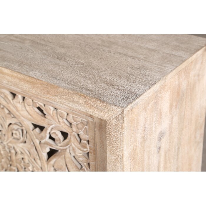 Hand Carved Mandala Inspired Botanical Patterns Media Console - Solid Wood TV Stand with Storage for Living Room, Bedroom & Home Decor