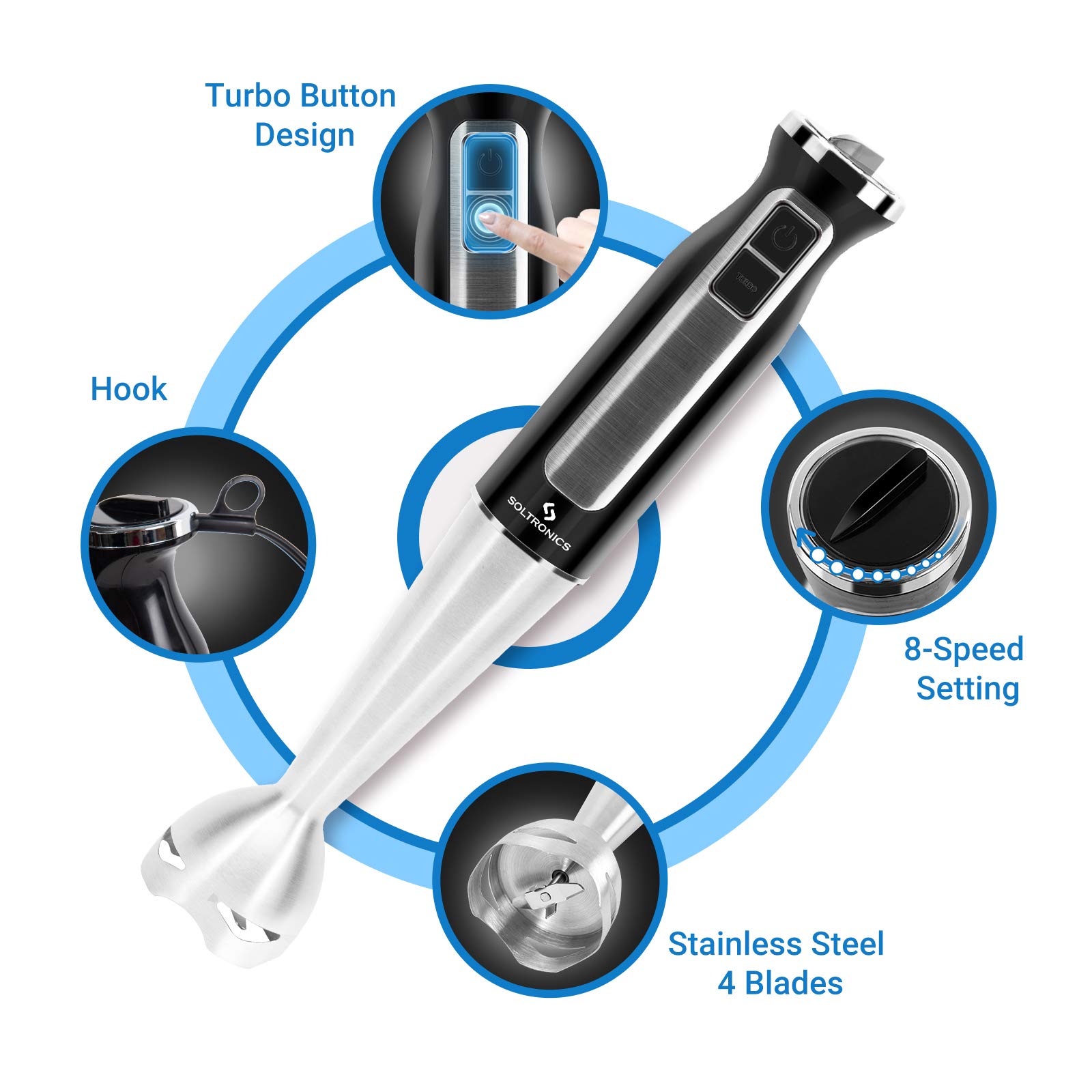 5-in-1 Hand Blender Set - 500W 8-Speed Immersion Blender with 860ml Food Grinder, 600ml Mixing Cup, Milk Frother & Egg Whisk - Perfect for Baby Food, Smoothies, Soups & Kitchen Prep - Black