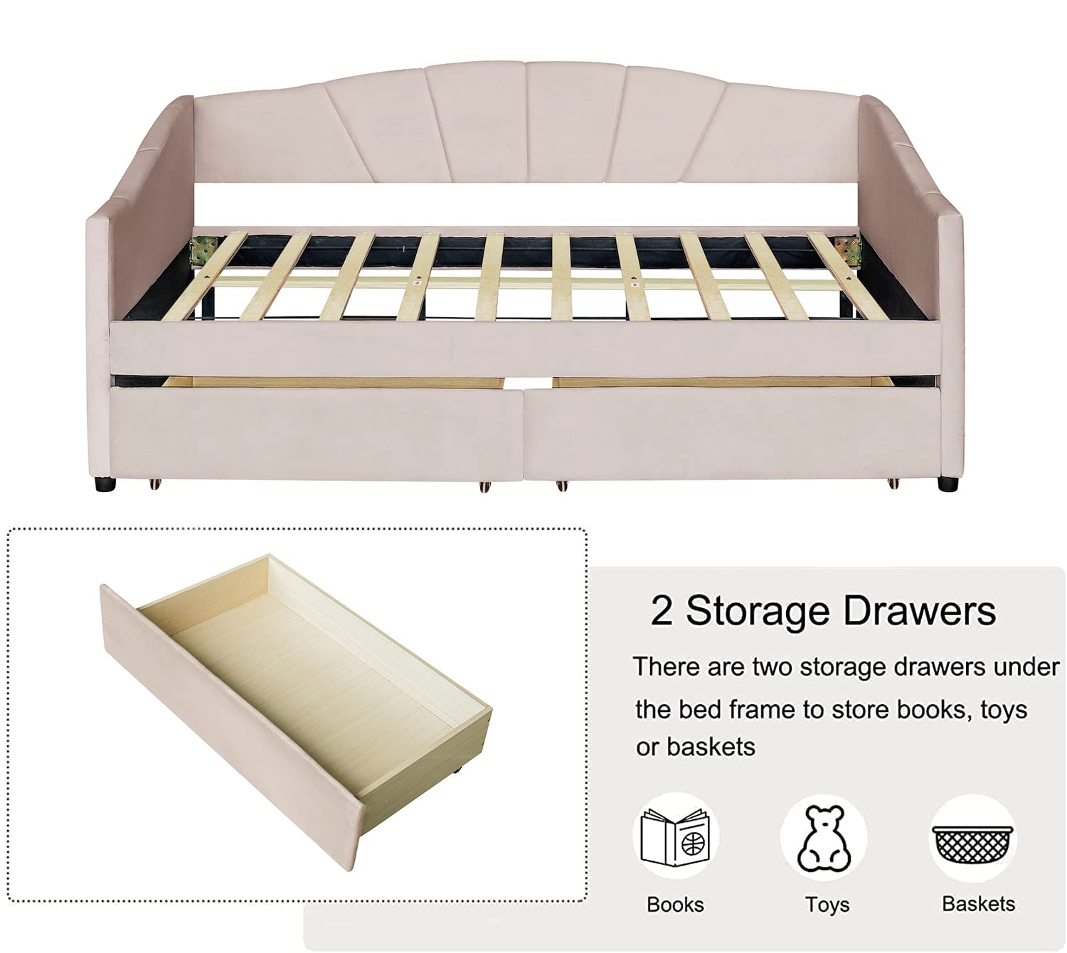 Harper & Bright Twin Daybed with Storage Drawers - Upholstered Sofa Bed for Bedroom & Living Room - Beige
