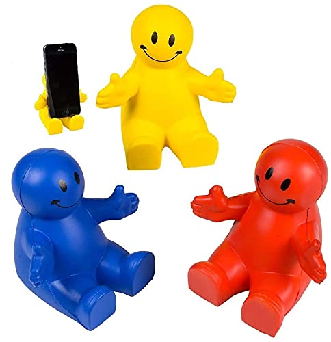 4 Inch Colorful Squeezable Smile Face Phone Holder Stand (3 Pack) - Stress Relief Foam Fidget Toy for Desk Decor - Red, Blue & Yellow - Perfect for Kids & Adults - Great for Office, Home & Travel Use