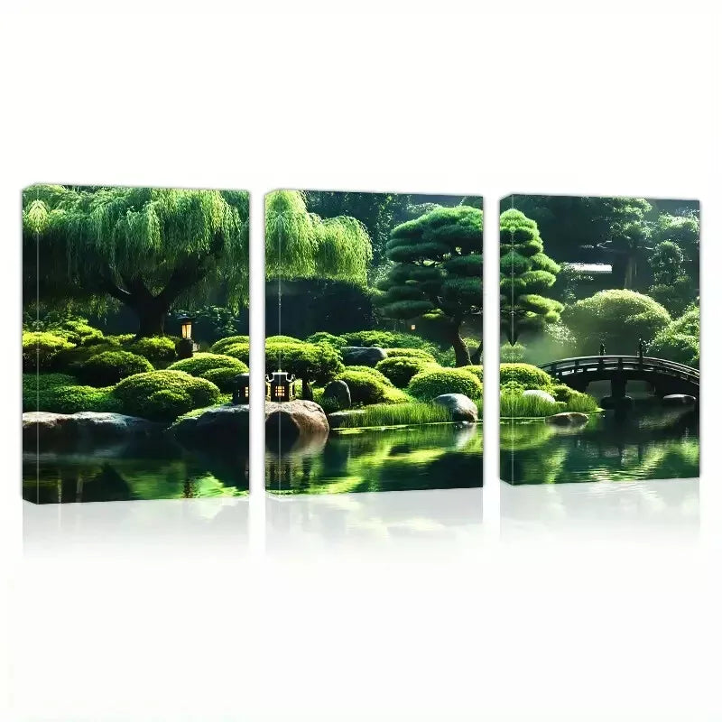 3-Piece Lush Green Scenery with Lake & Bridge Wall Art Set - Framed Canvas 50x70cm (20x28in) - High Quality Australian Made Ready-to-Hang Paintings for Living Room, Bedroom & Office Decor